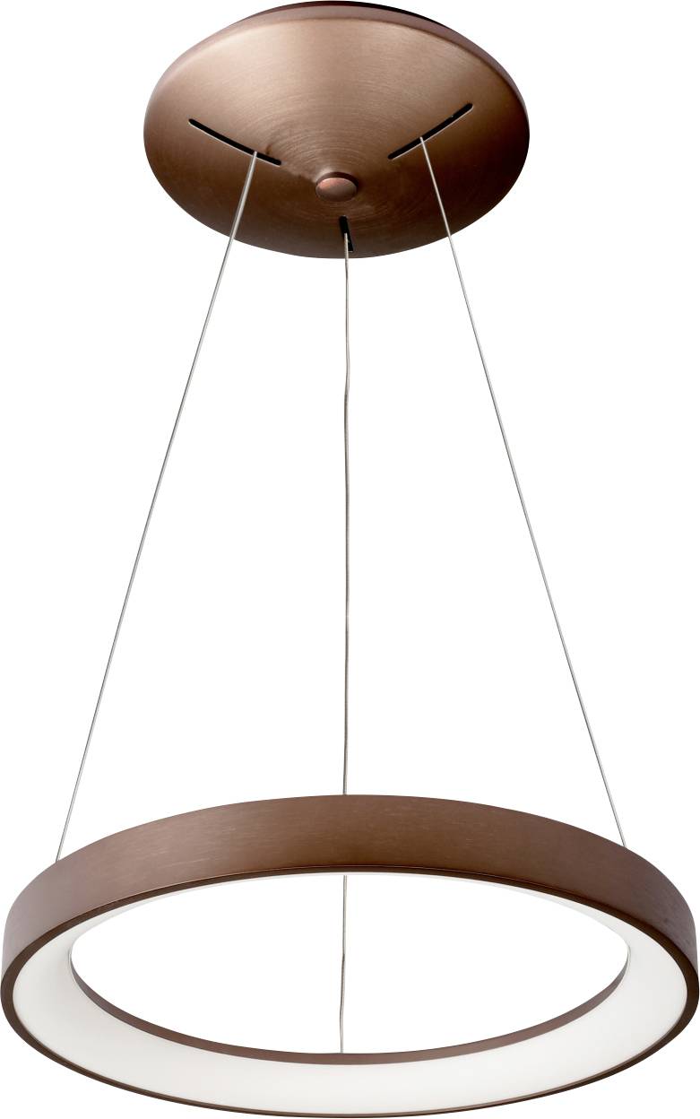 Ronde, moderne hanglamp van koper met LED-verlichting, opgehangen aan dunne draden. Minimalistisch ontwerp, geschikt voor hedendaagse ruimtes.