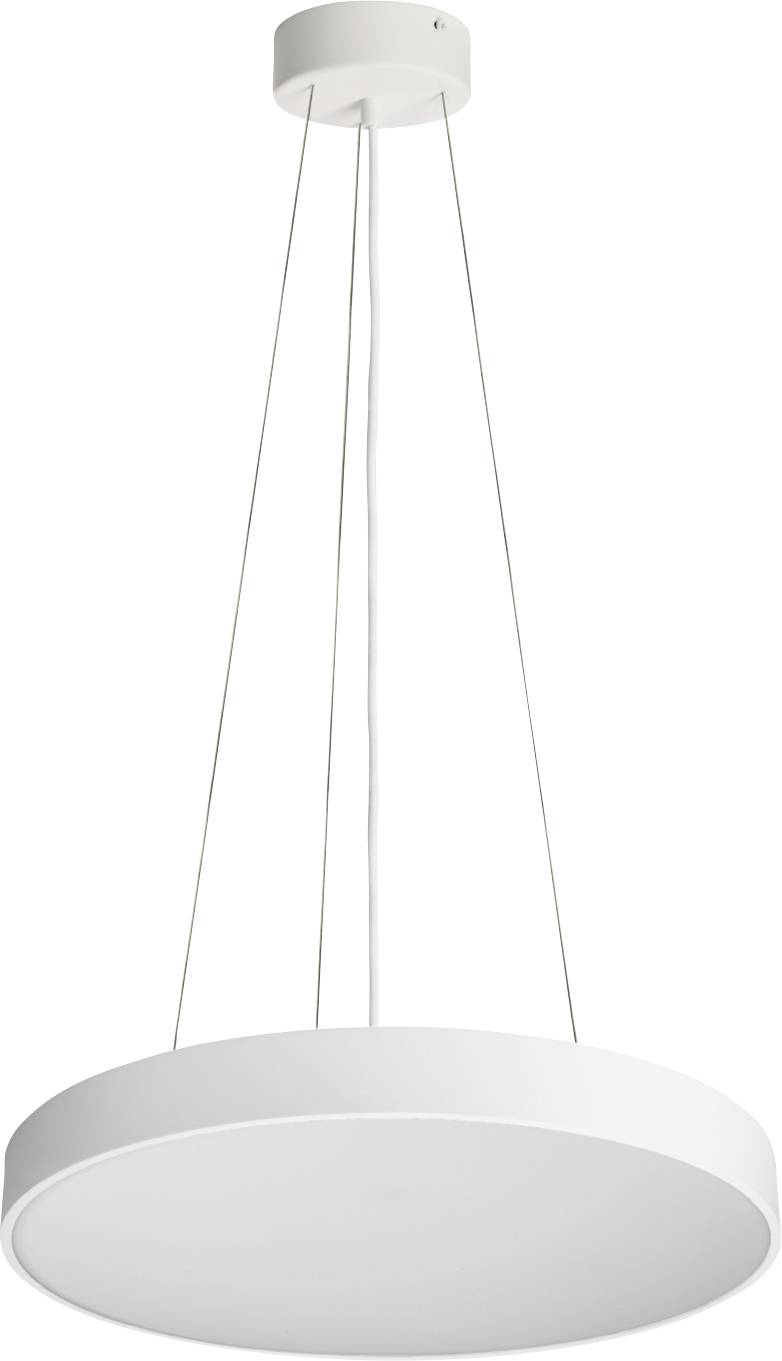 Een moderne, ronde plafondlamp in het wit, hangend aan dunne draden. Hij verspreidt een zacht, warm licht en heeft een minimalistische vormgeving.