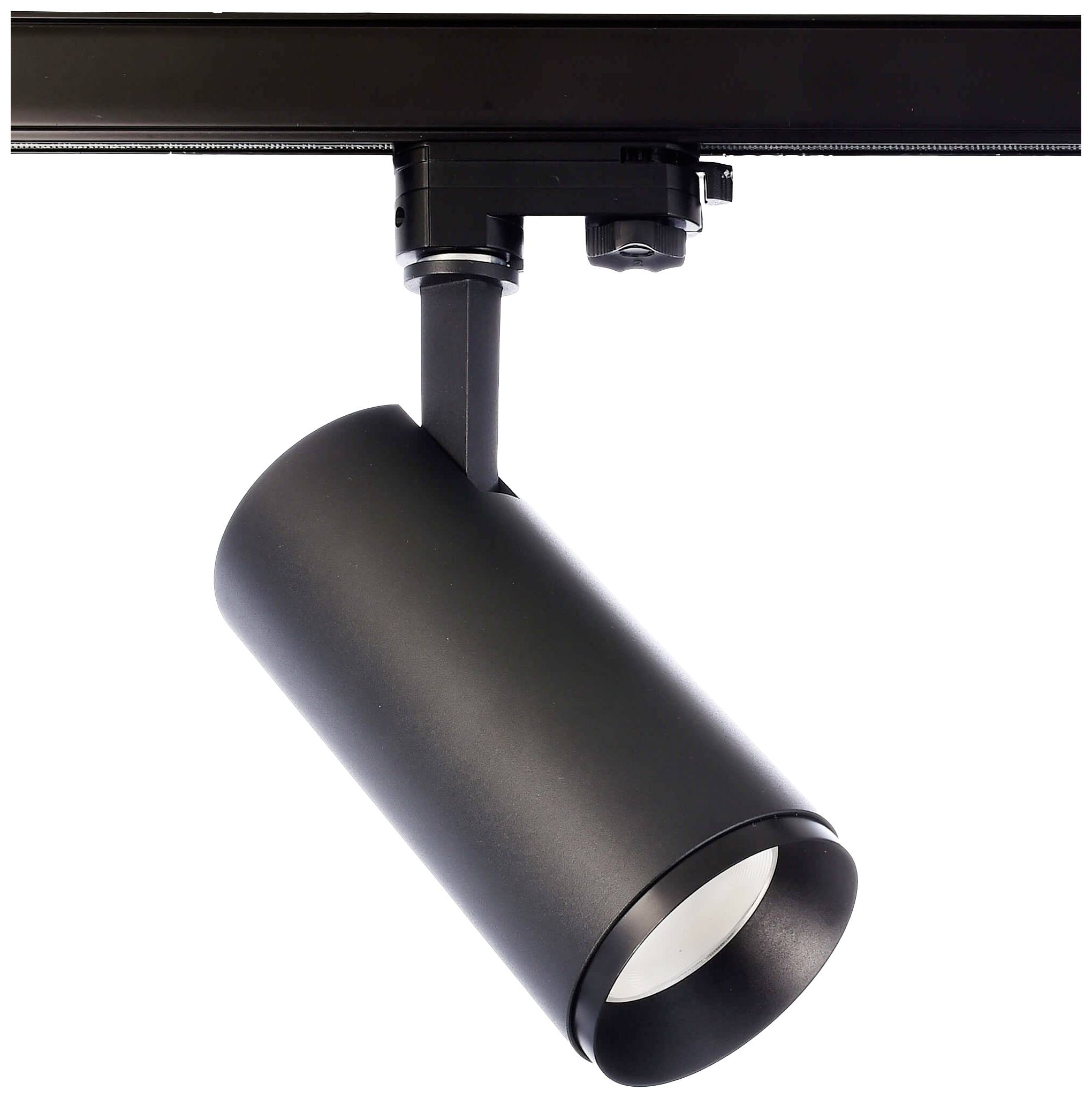 Zwarte plafondspot met cilindrische lampbehuizing, gemonteerd op een rail. Ideaal voor gerichte verlichting.