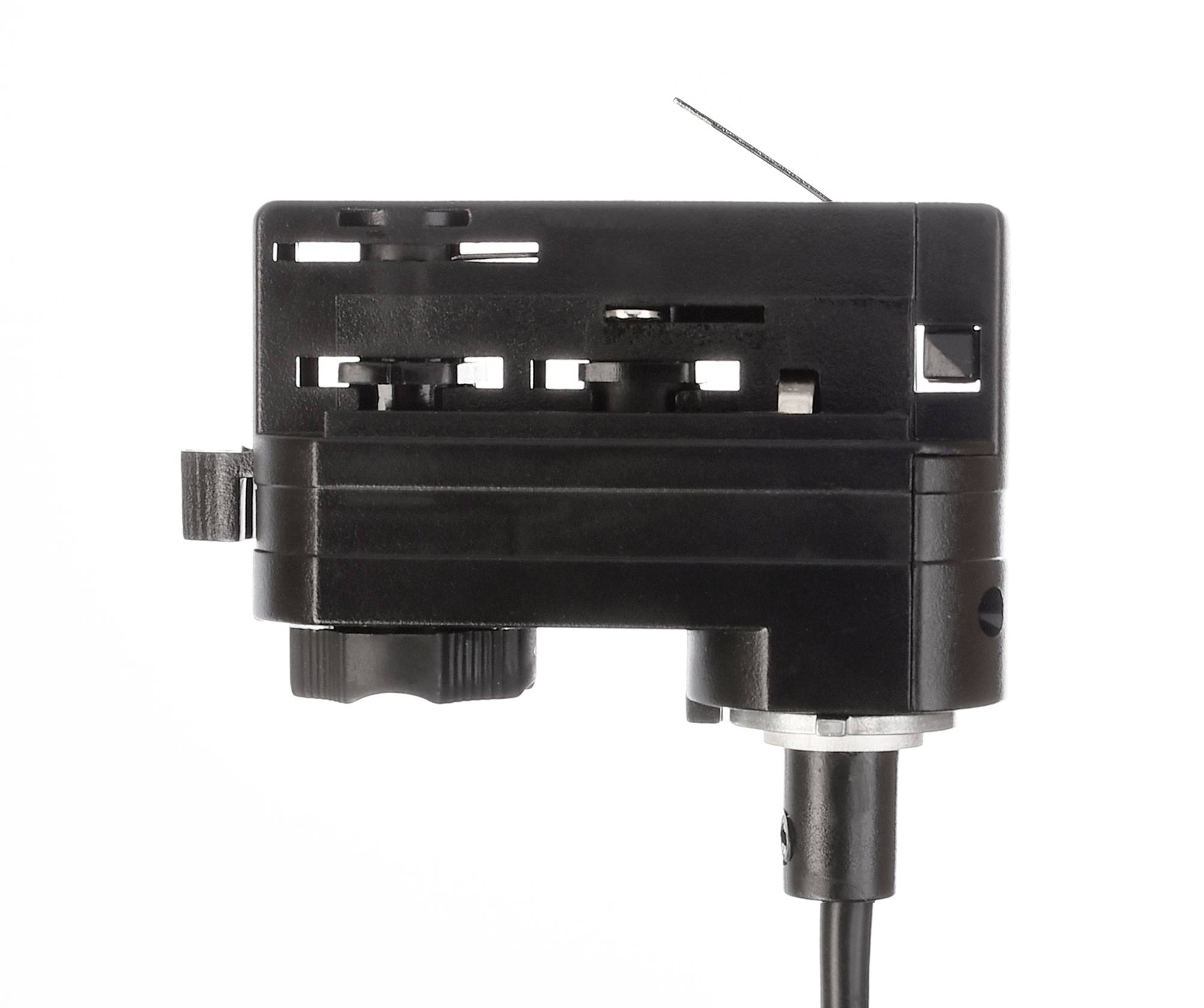 Zwarte kunststof sensor met kabel en draaiknoppen, zijaanzicht.