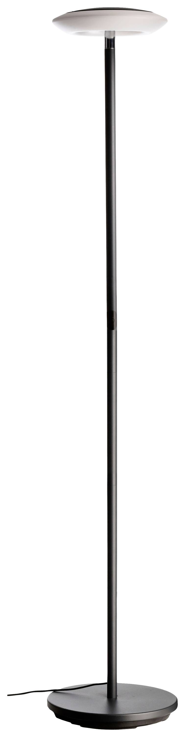 Zwarte staande lamp met een rond, wit lampenkap bovenaan. Strak, modern design. Geschikt voor woonkamer of kantoor.