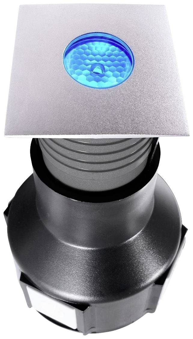 Grondspot met blauw LED-licht op een grijze metalen plaat, gemonteerd op een zwarte cilindrische voet voor buitenverlichting.