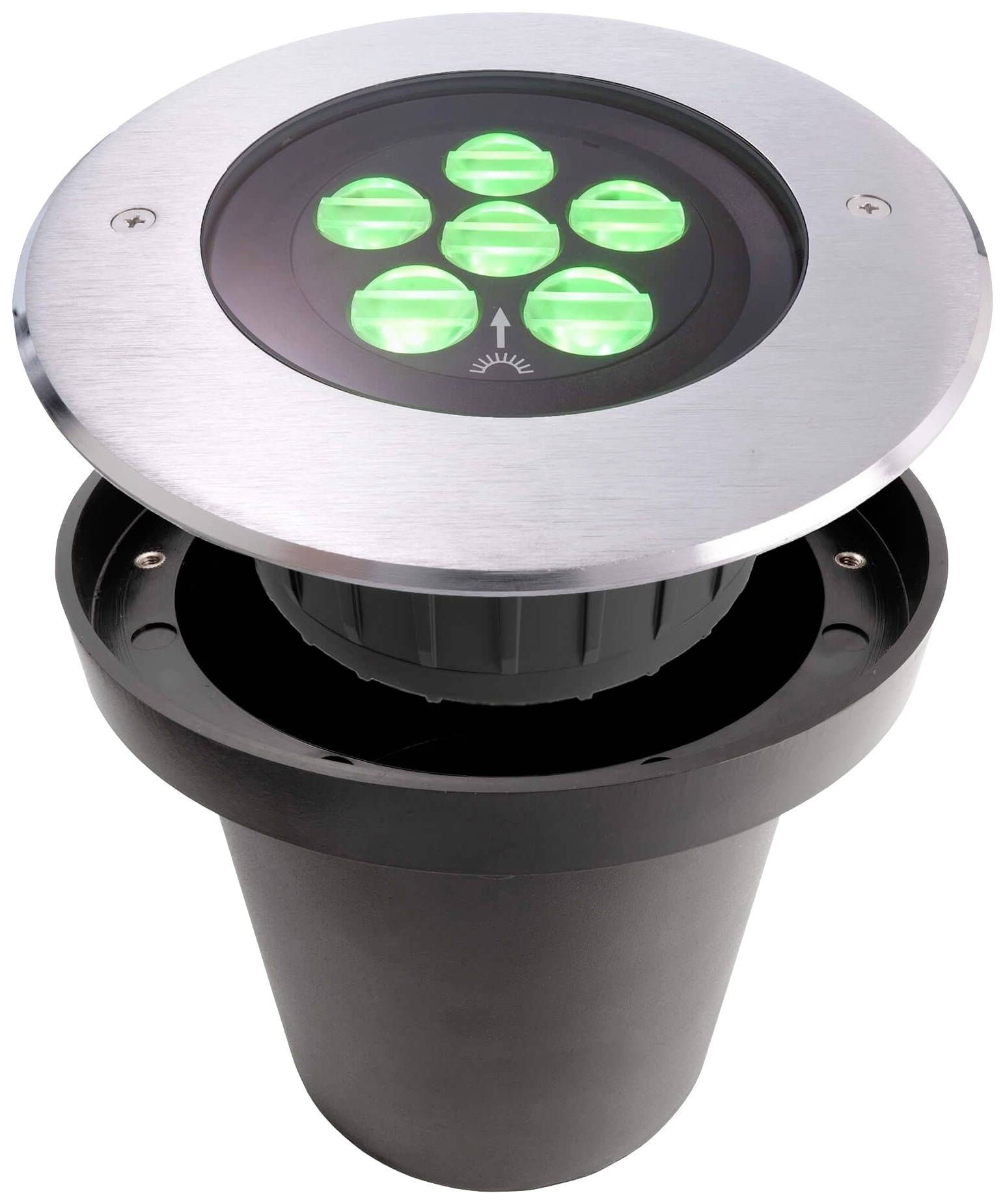 Grondspot met zes groene LED-verlichting, ingebouwd in een ronde metalen behuizing. Hij biedt verlichting voor buitenruimtes.