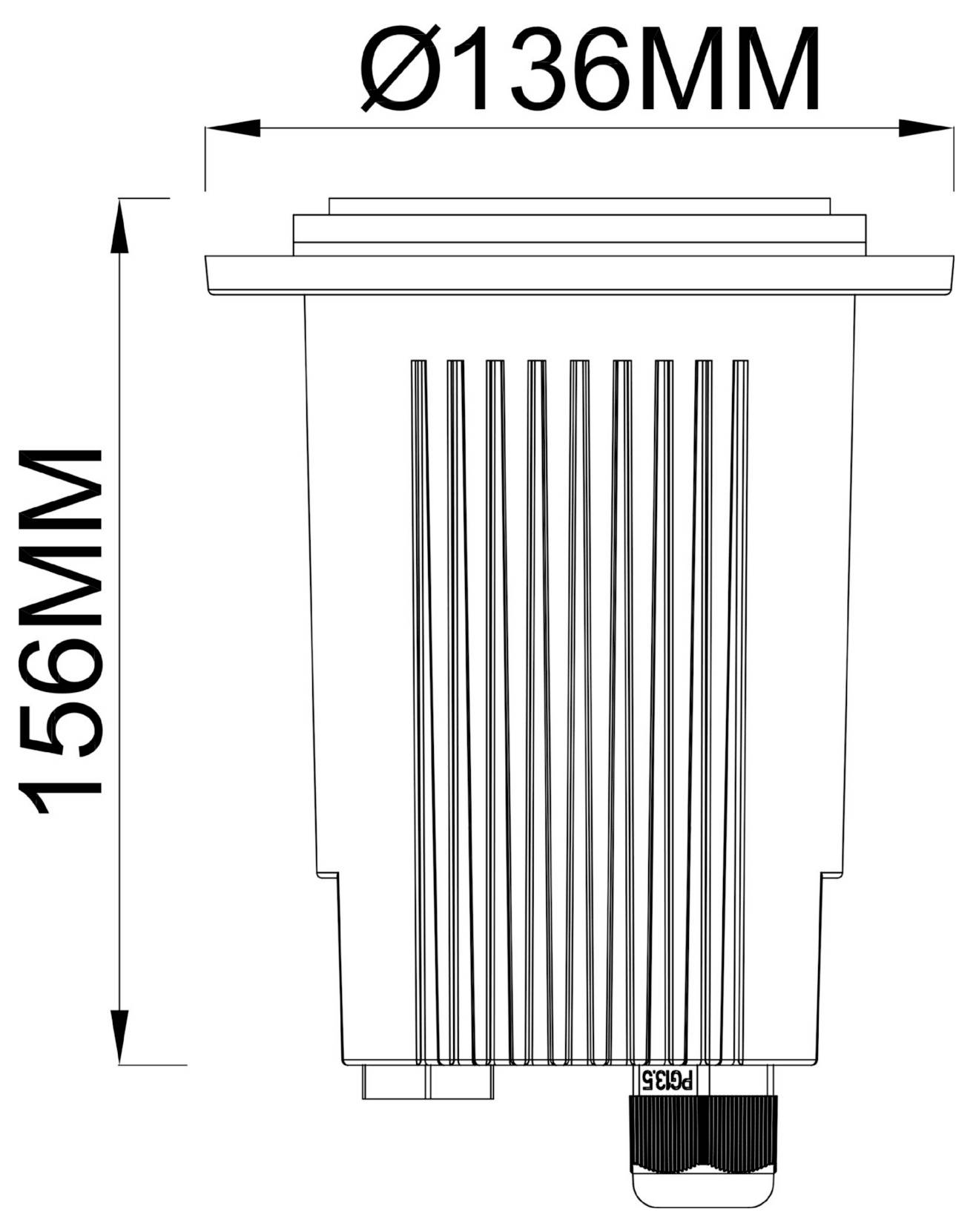 Technische tekening van een cilindrisch apparaat met afmetingen: diameter 136 mm en hoogte 156 mm.