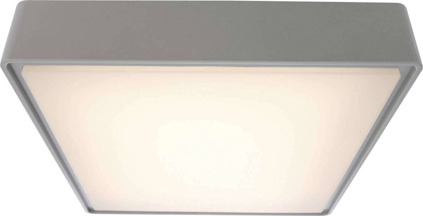 Een vierkante plafondlamp met een wit behuizing straalt gelijkmatig warmwit licht uit.