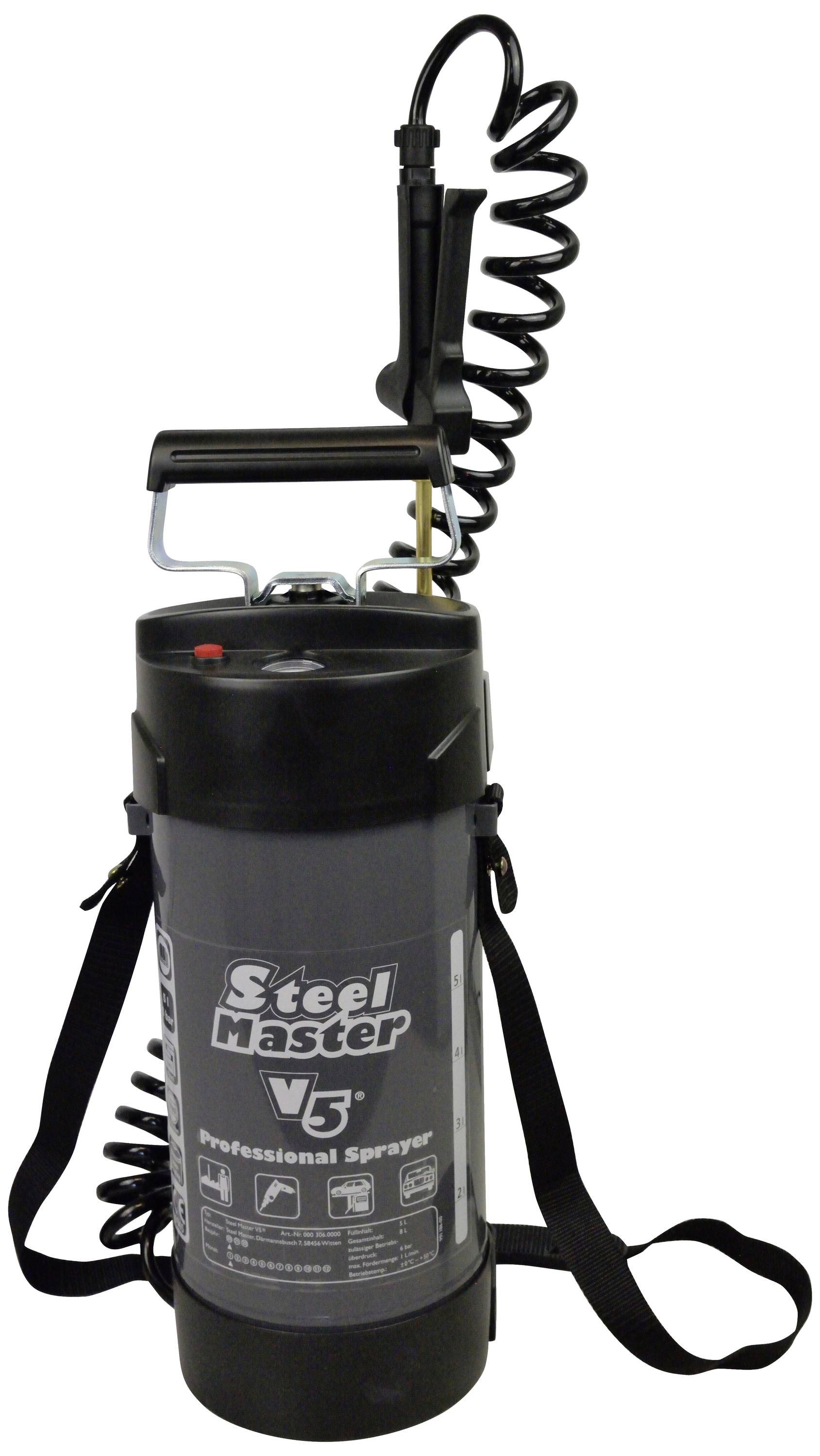 Een zwarte, cilindrische sproeier met handgreep, lange slangmond en draagriem. Opschrift 'Steel Master V5 Professional Sprayer'.