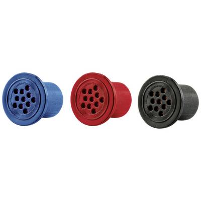 Drie ronde capsules in Blauw, Rood en Zwart, naast elkaar. Elke capsule heeft meerdere kleine gaatjes bovenaan.