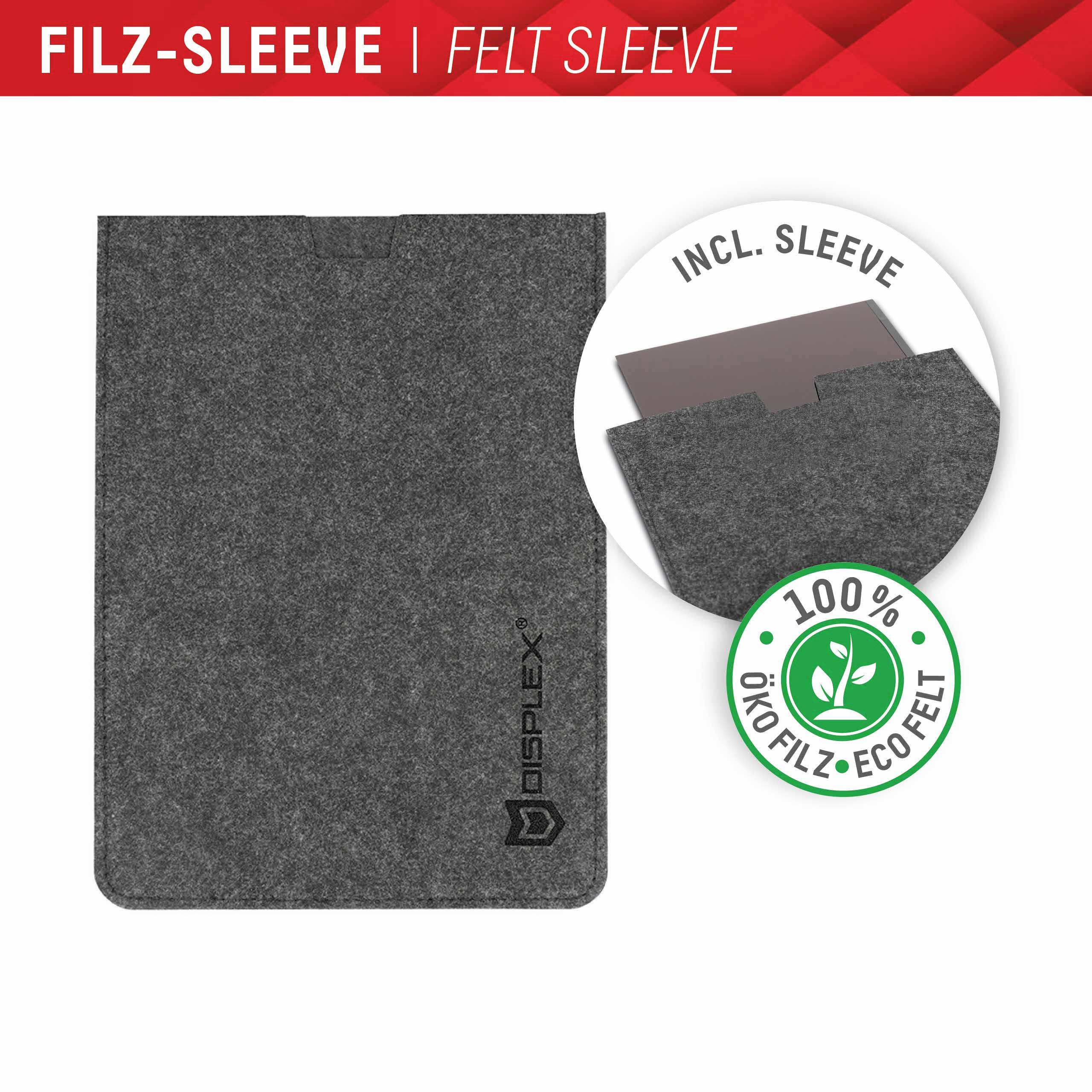 'Donkergrijze vilten hoes voor tablets' met verwijzing naar milieuvriendelijk materiaal. Bevat een sleeve, getoond in een ronde inzet.