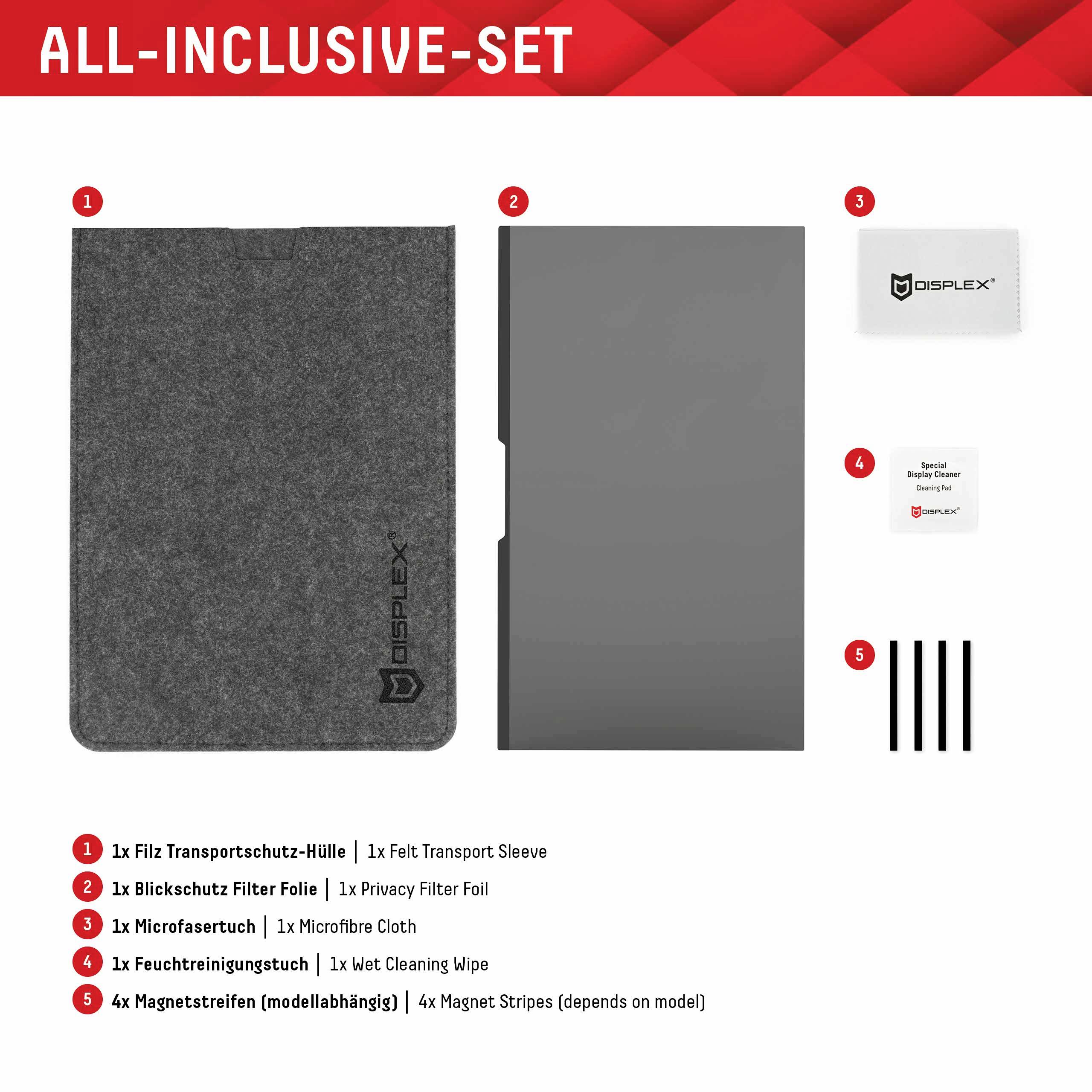 'All-Inclusive-Set': Bevat 1 vilten beschermhoes, 1 privacyscherm, 1 microveerdoek, 1 vochtige reinigingsdoek, 4 magneetstrips.