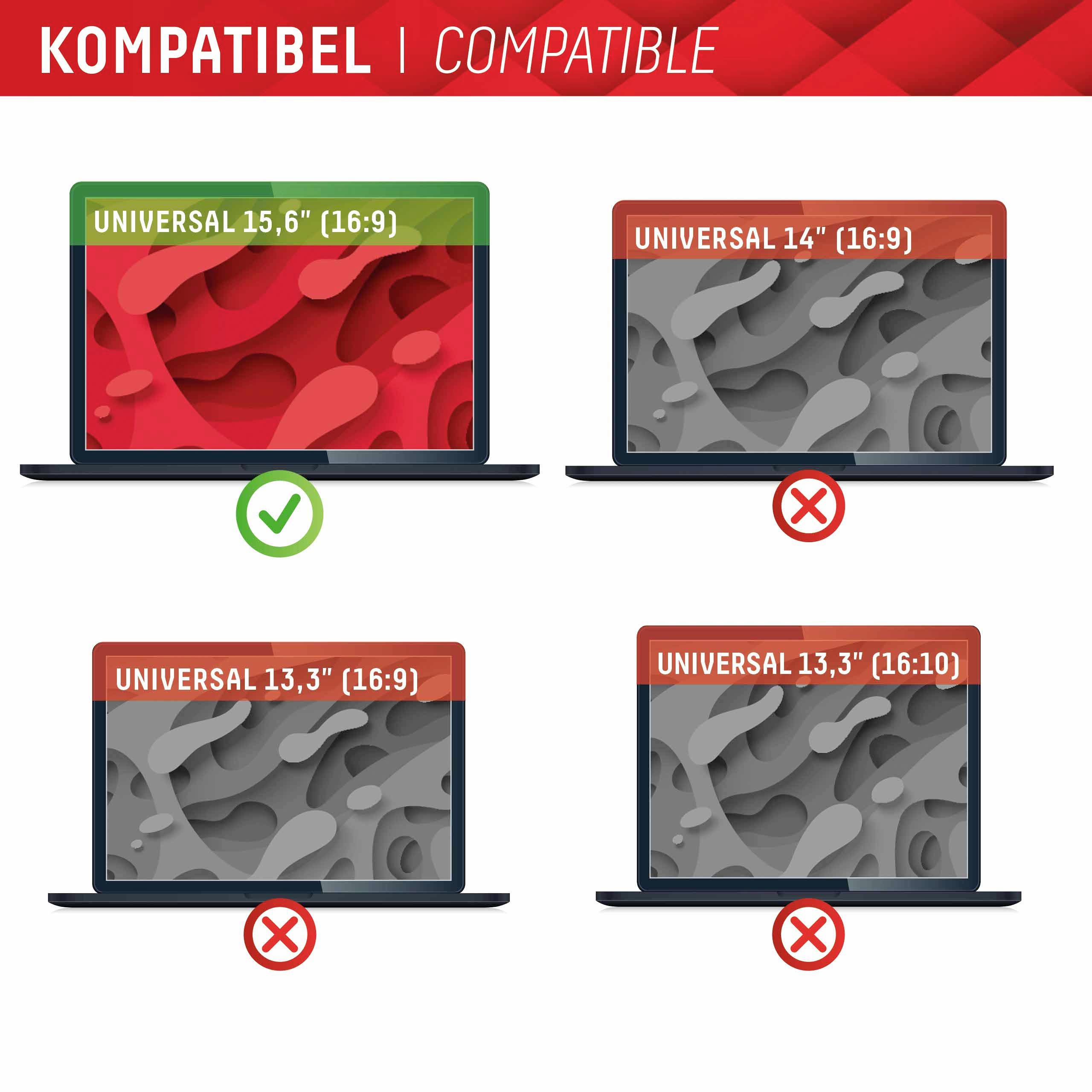 'COMPATIBEL | COMPATIBLE': Vier laptops werden getoond. Alleen het 'Universal 15,6'' (16:9)' scherm is compatibel, groen gemarkeerd met vinkje.