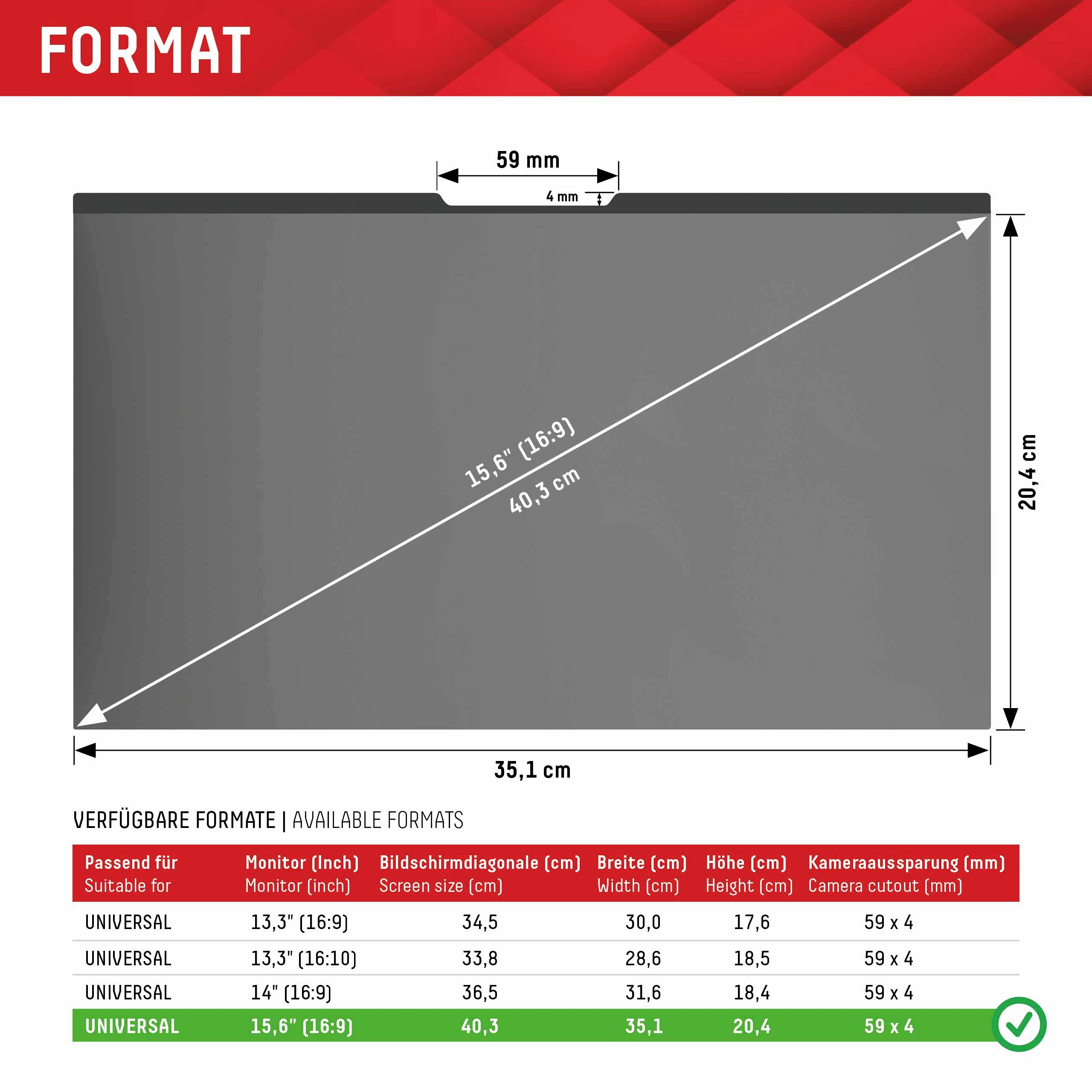 'Format' tabel toont schermafmetingen: 15,6" (16:9) met een breedte van 35,1 cm en een hoogte van 20,4 cm. Camerauitsparing 4 mm, gecentreerd op 59 mm.