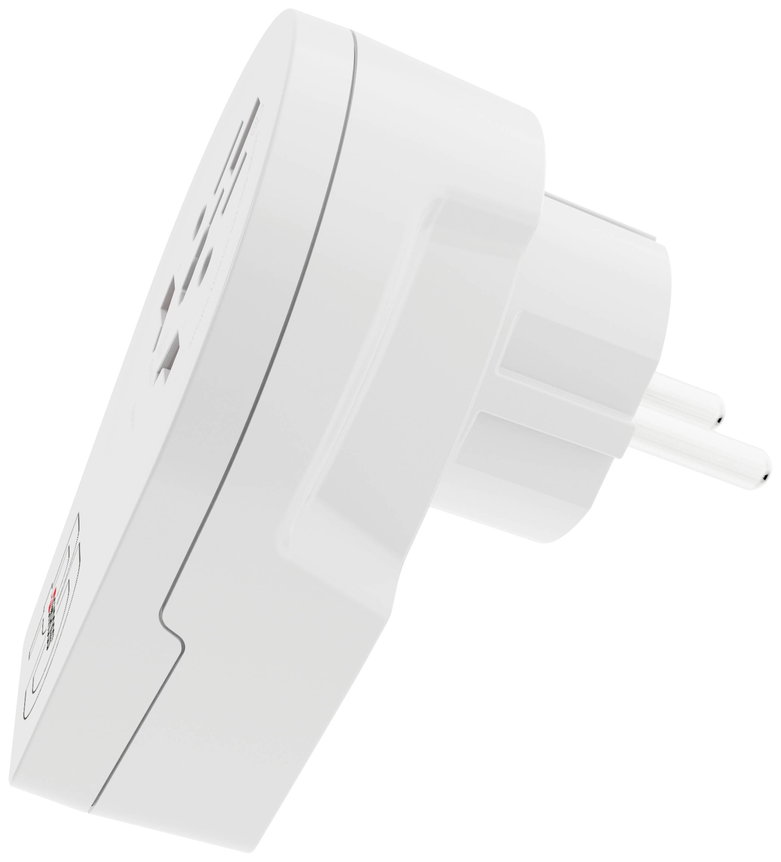 Een witte, rechthoekige stekkeradapter met een zijdelingse stekker. Op het oppervlak bevinden zich ventilatiesleuven en een knop.