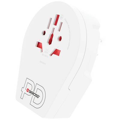 Reisadapter van SKROSS voor internationale stopcontacten, wit met rood logo. Geschikt voor apparaten met verschillende stekkertypen.