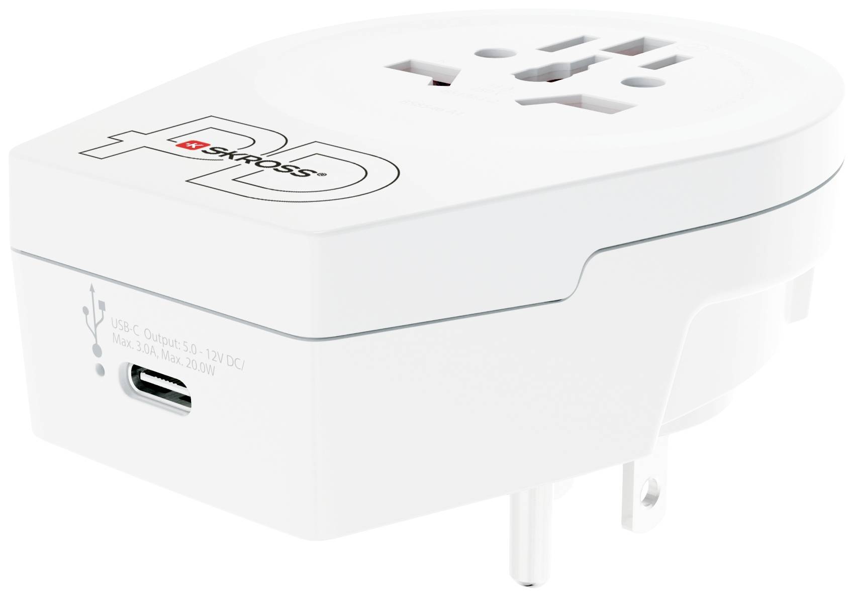 Een universele reisadapter met USB-C-aansluiting, geschikt voor verschillende stopcontactstandaarden. Ideaal voor het opladen van elektronische apparaten tijdens reizen.