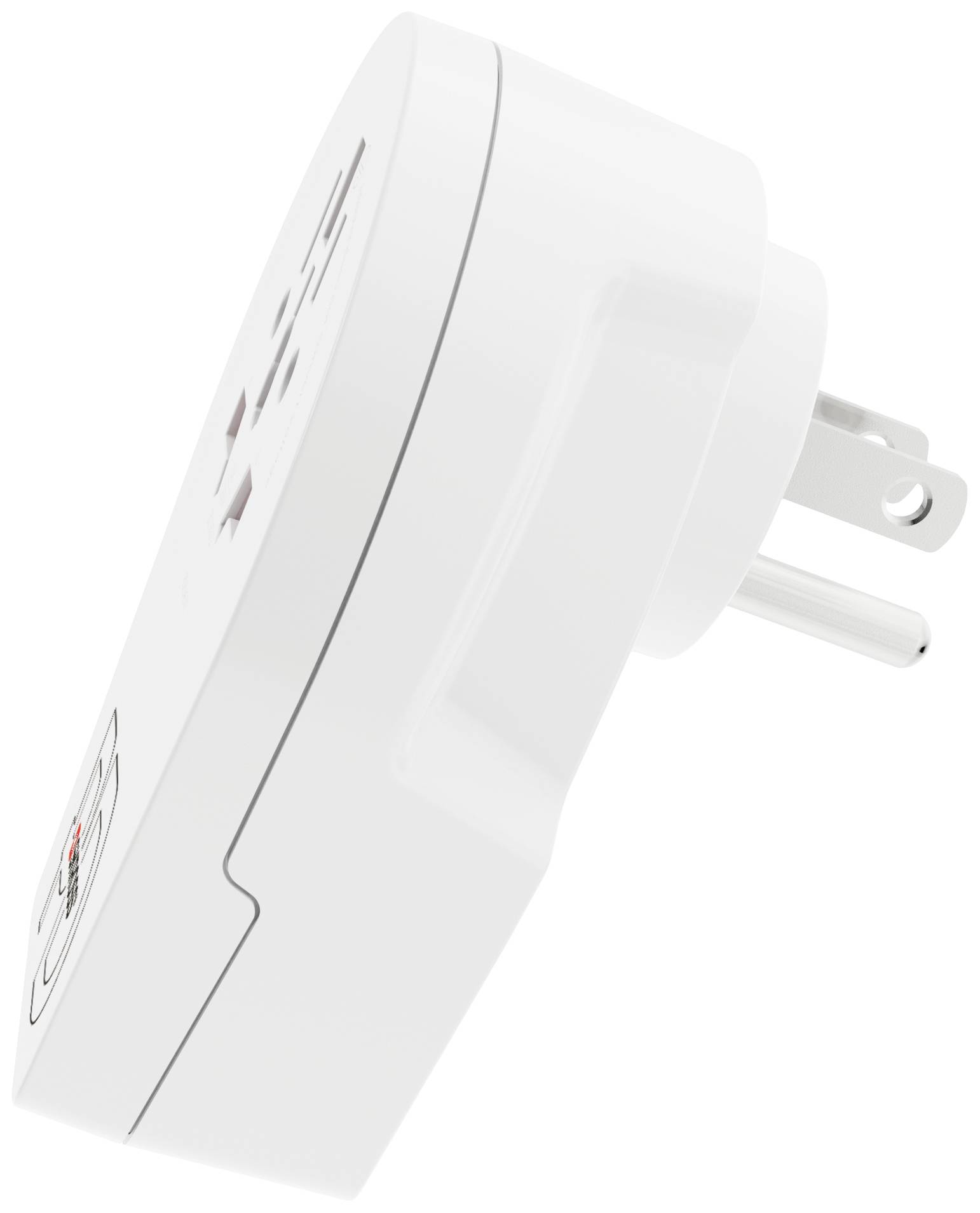 Een witte wandcontactdoos-adapter, licht schuin van opzij weergegeven. Hij heeft twee metalen pinnen om in het stopcontact te steken.