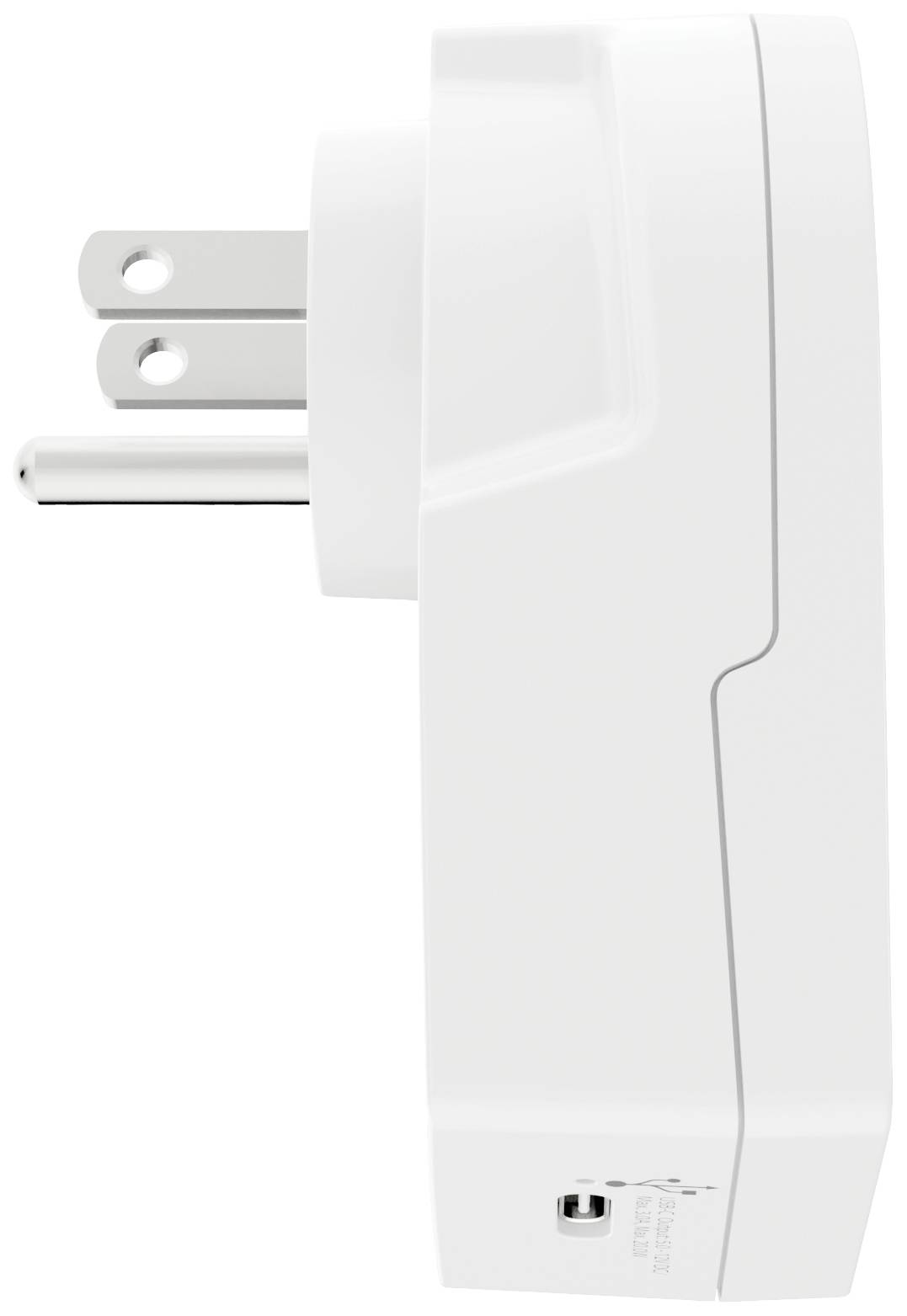 Zijaanzicht van een witte steekadapter voor stopcontacten in de VS, met twee parallelle pennen en een ronde aardingsstift.