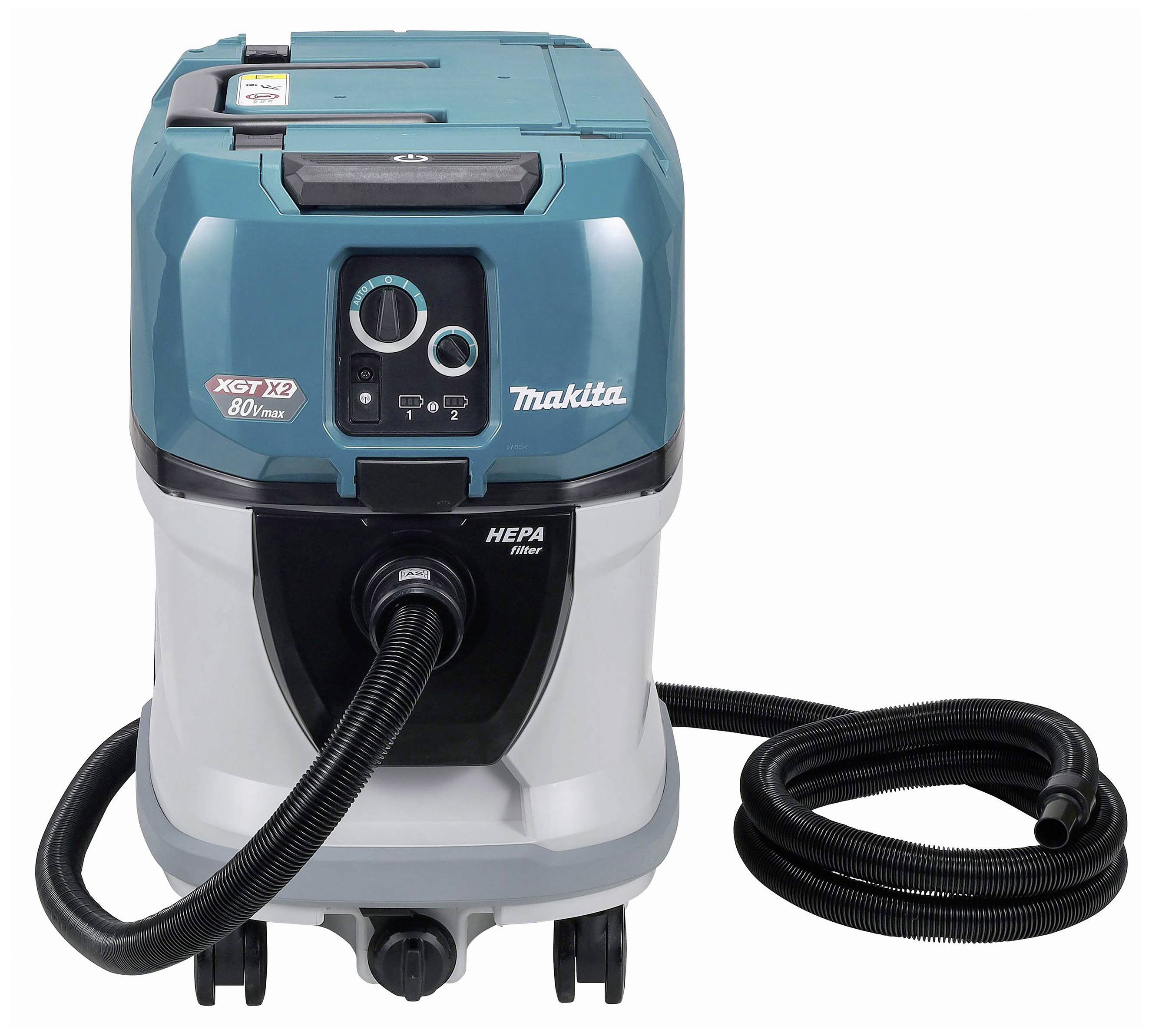 Makita stofzuiger, blauw-wit behuizing, met HEPA-filter en lange zuigslang. Geschikt voor gebruik op bouwplaatsen of in werkplaatsen.