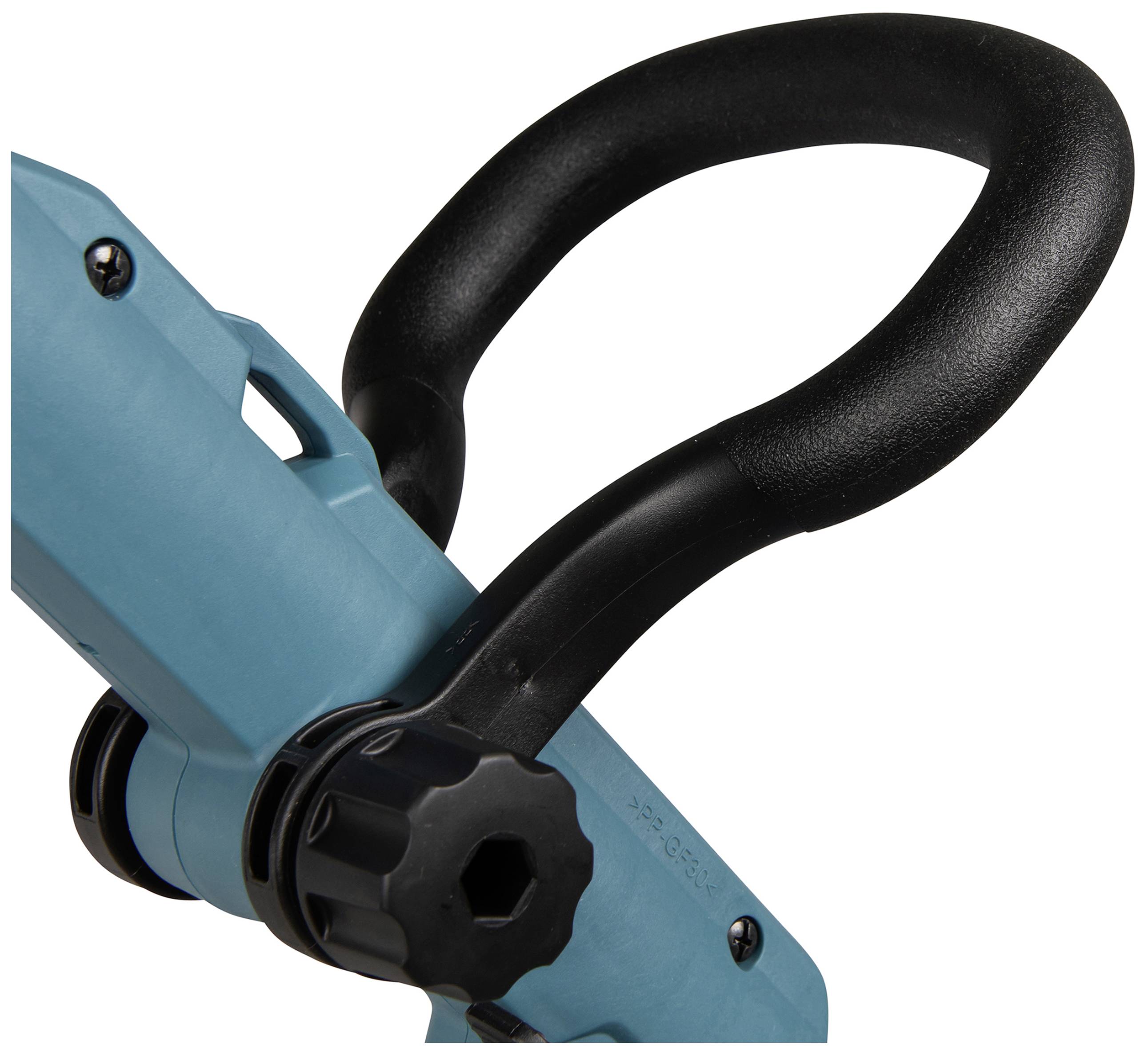 Een gedetailleerde blik op de handgreep van een elektrisch tuingereedschap, benadrukt de ergonomisch gevormde, zwarte handgreep.