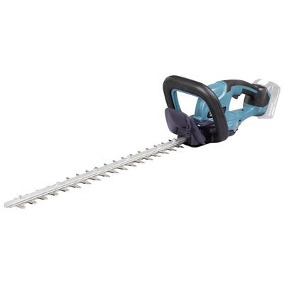Een draadloze heggenschaar met een blauw en zwart behuizing, een lang metalen snijblad en een ergonomische handgreep.