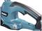 Een blauwe elektrische Makita-tuintrimmer, gedeeltelijk in beeld. Hij heeft een ergonomisch ontwerp en toont een decibellabel van 86 dB.