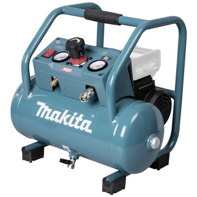 Een blauwe draagbare luchtcompressor met het opschrift 'Makita', twee drukmeters en een handgreep. Geschikt voor bouw- en klusklusjes.