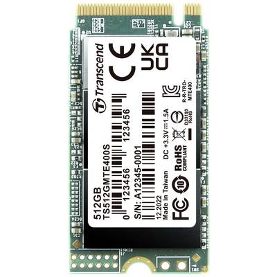 Halfgeleider-geheugenkaart met '512GB TS512G MTE400S' opschrift op het etiket; bevat technische certificeringslogo's en serienummer.