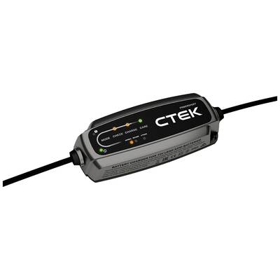 Een zwarte CTEK-acculader met indicatoren voor 'Modus', 'Controle', 'Opladen', 'Onderhoud'. Kabelaansluitingen links en rechts.