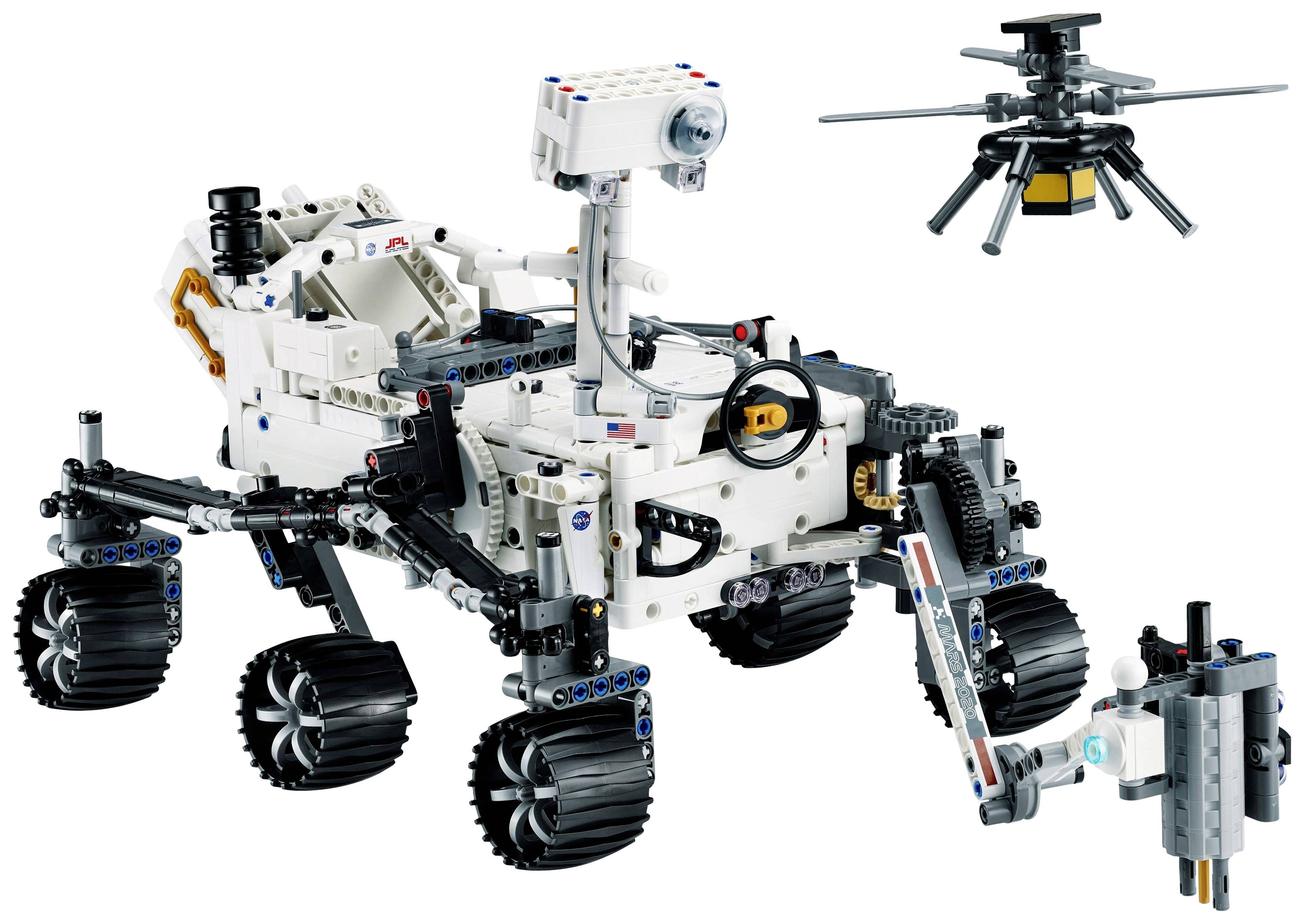 LEGO-set van een Mars-rover met helikopter. De rover heeft zes wielen en een grijparm die details van Mars-verkenningen weergeeft.