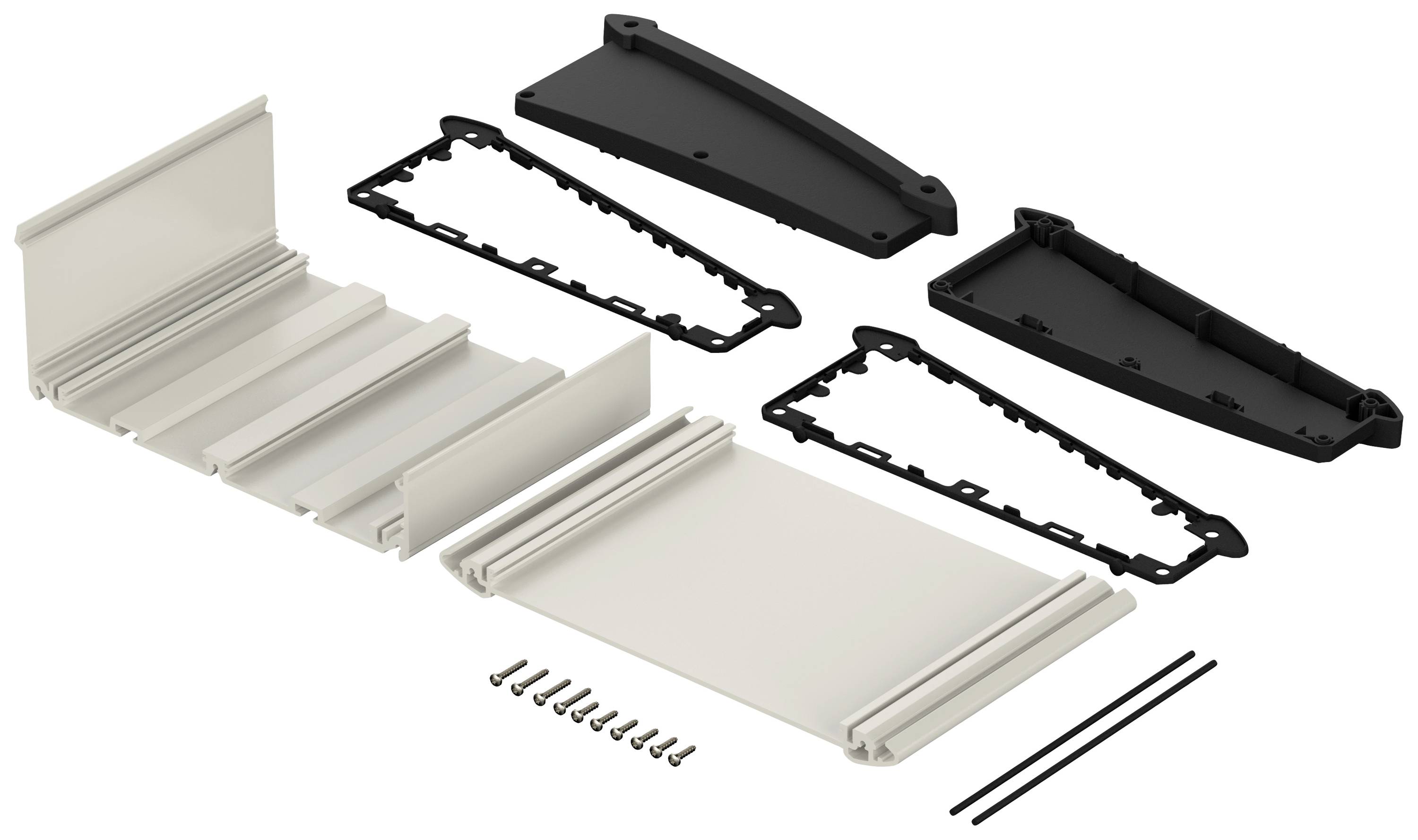 Verschillende componenten van een bouwpakket zijn gerangschikt op een witte achtergrond, inclusief schroeven, kunststofplaten en latten.