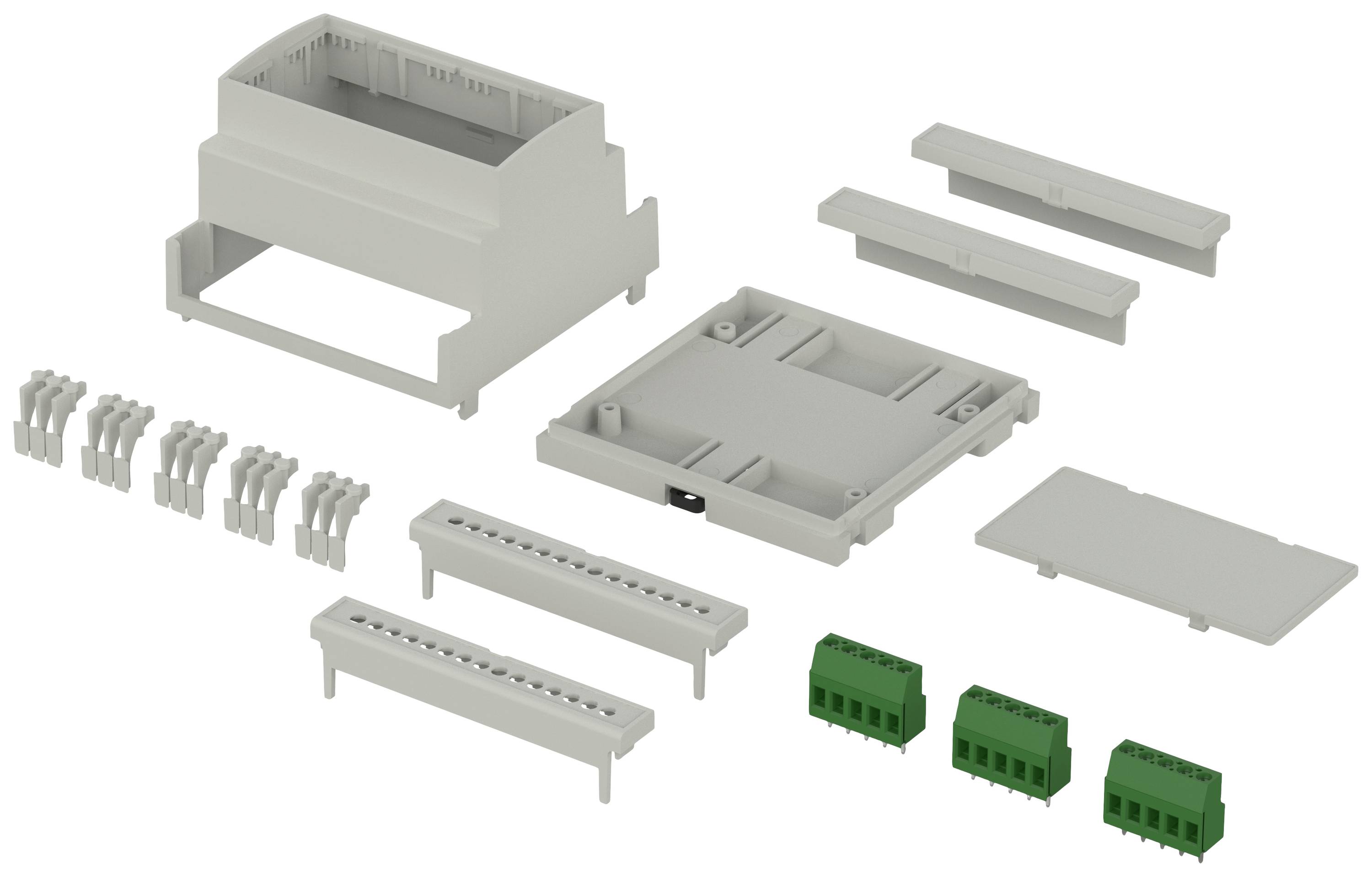 Kunststof behuizingsset met meerdere componenten, waaronder een basis, deksels en aansluitonderdelen, voor de montage van elektronische apparatuur.