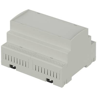 Een grijs, rechthoekig elektronisch behuizing met connectorbussen, gebruikt voor industriële toepassingen of elektrische kasten.