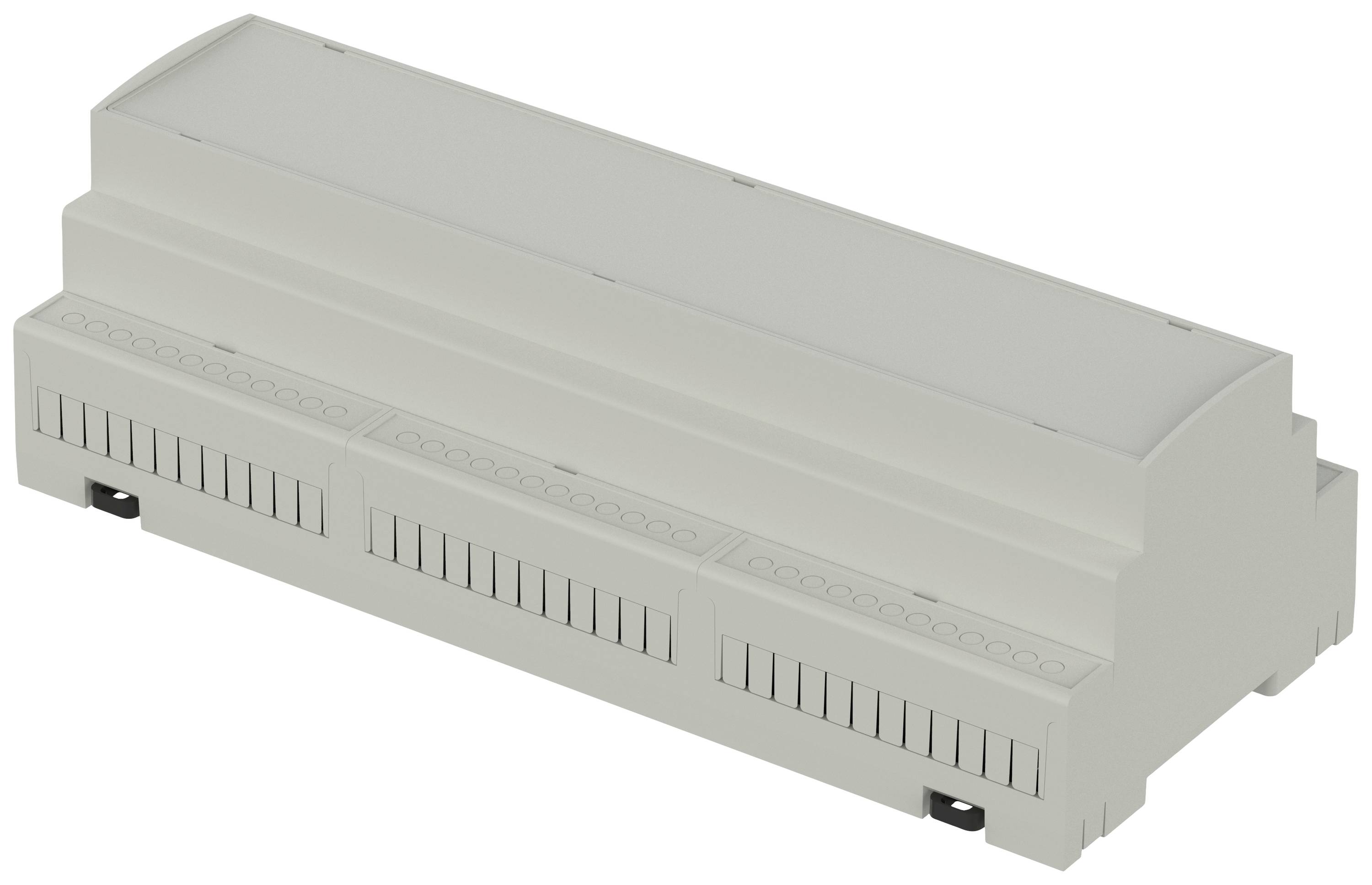 Grijze elektronische behuizingsbox met meerdere aansluitsleuven en ventilatiesleuven, geschikt voor DIN-railmontage in schakelkasten.