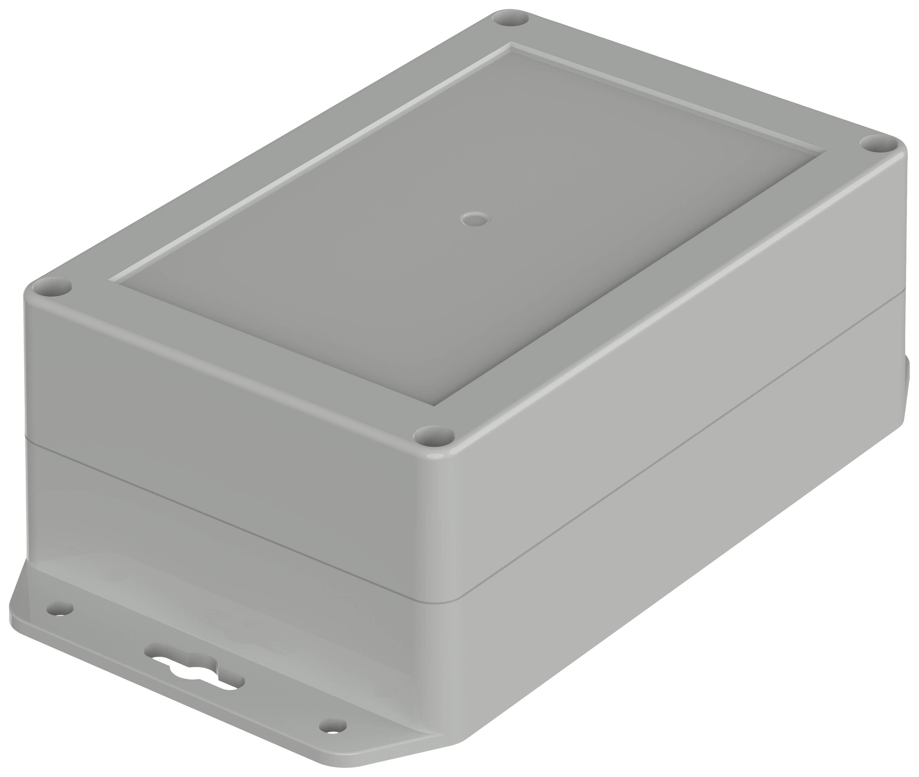 Rechthoekige grijze behuizing met afgeronde hoeken en schroefgaten in elke hoek, waarschijnlijk bedoeld voor elektrische componenten.