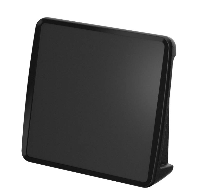 Een zwart, vierkant frame met een plat, glanzend scherm dat licht naar achteren helt.