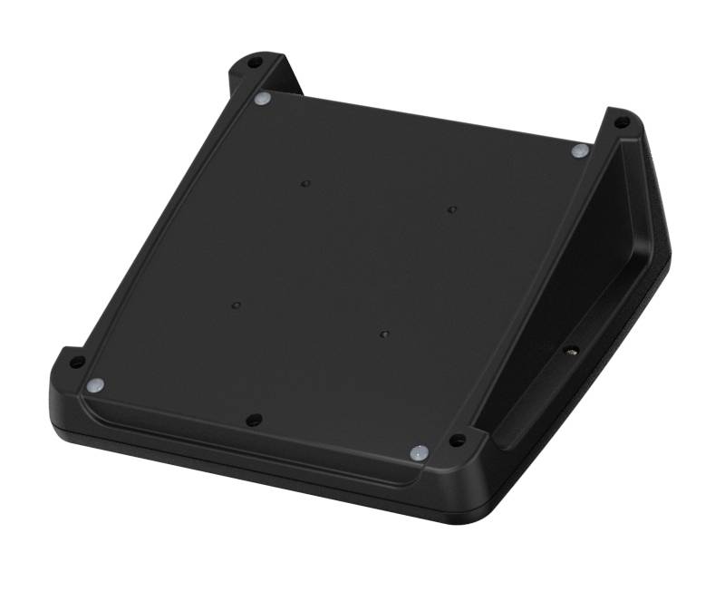 Zwarte kunststof basis met afgeronde hoeken, geschikt voor montage of stabilisering van apparaten, vier schroefgaten zichtbaar.