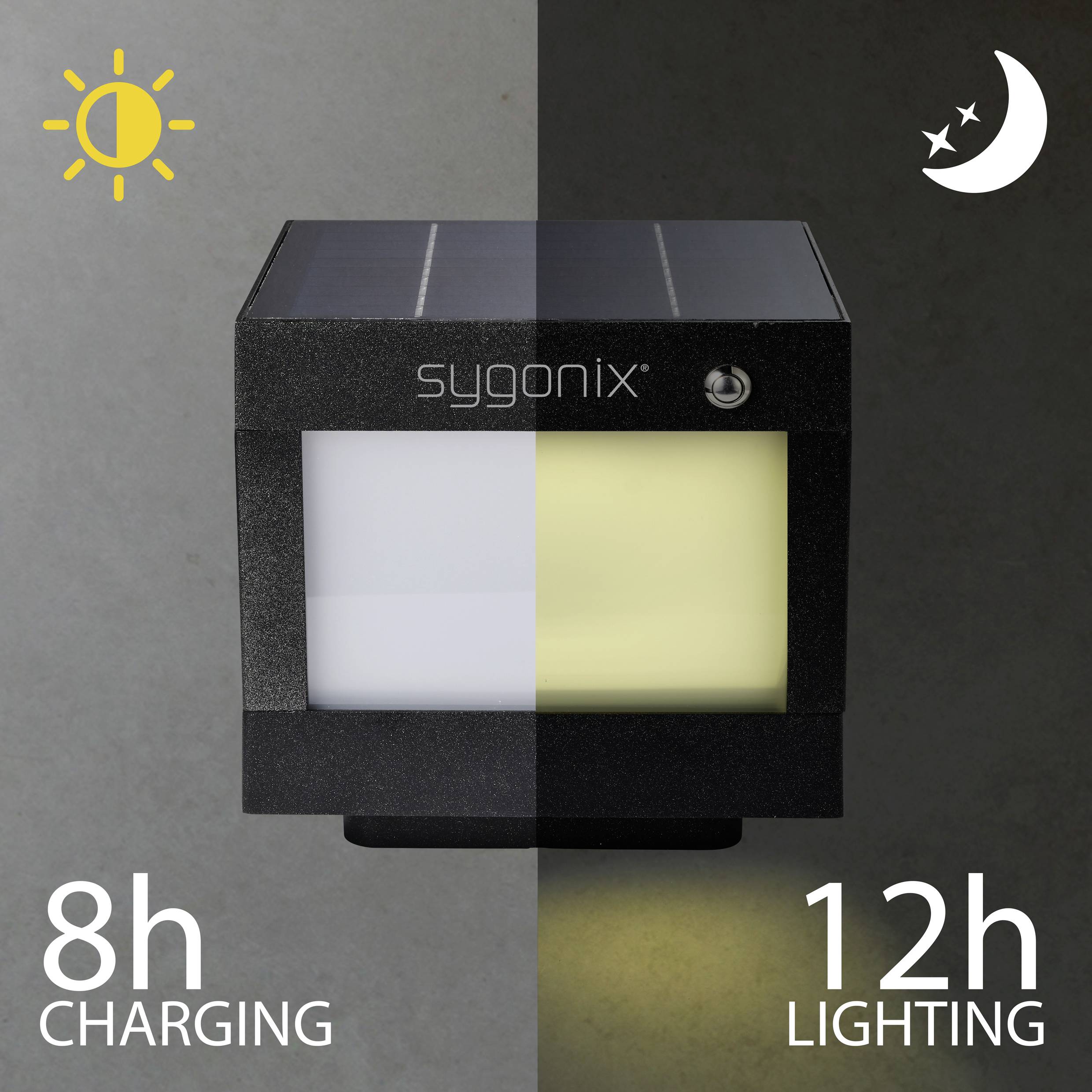 Een solarlamp van Sygonix toont twee modi: links laadt hij overdag 8 uur, rechts schijnt hij 's nachts 12 uur. Symbolen van zon en maan kenmerken de modi.