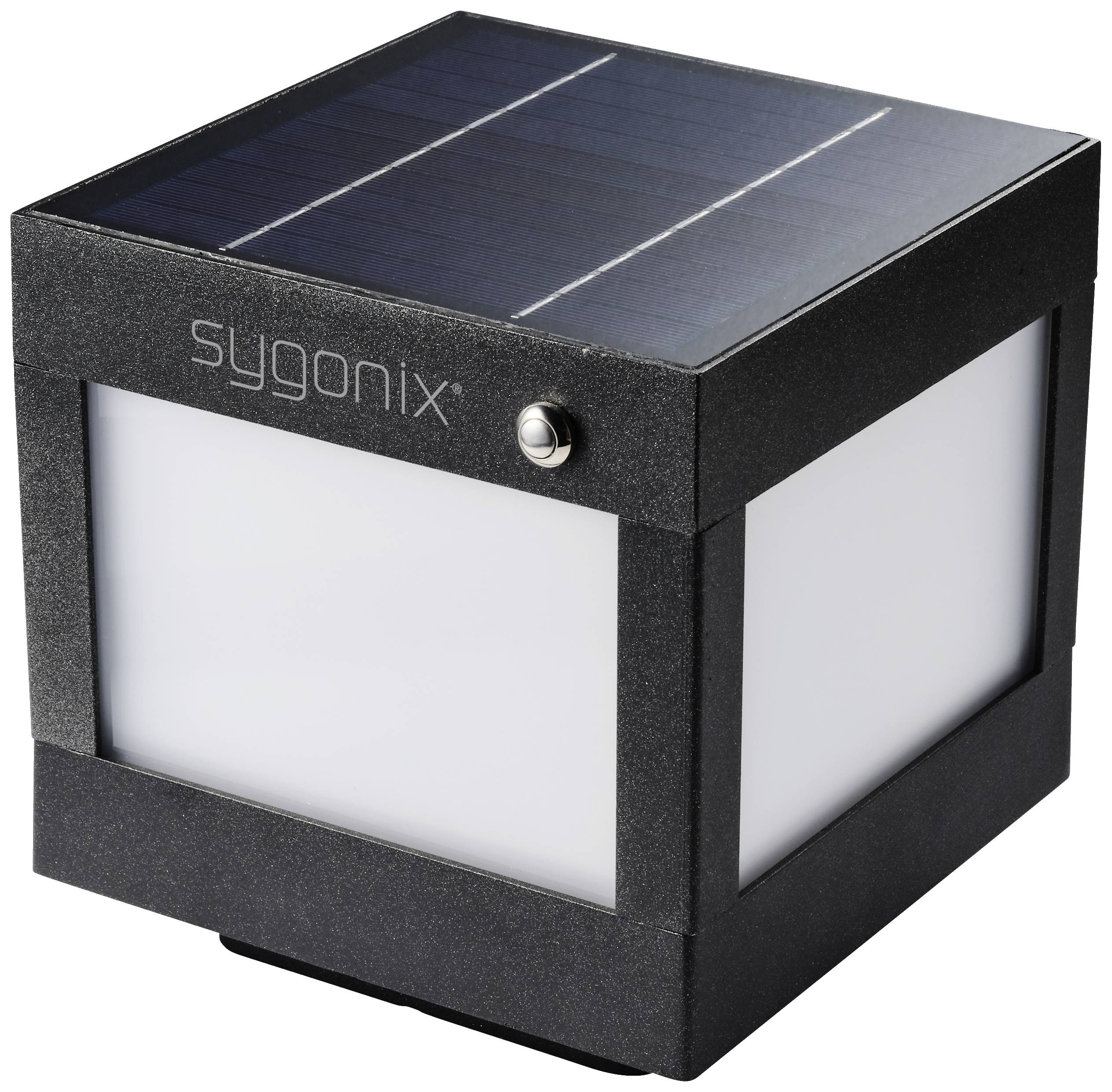 Compacte, kubieke solarlamp met zwarte rand en wit, verlichtend paneel, geschikt voor buitenverlichting.