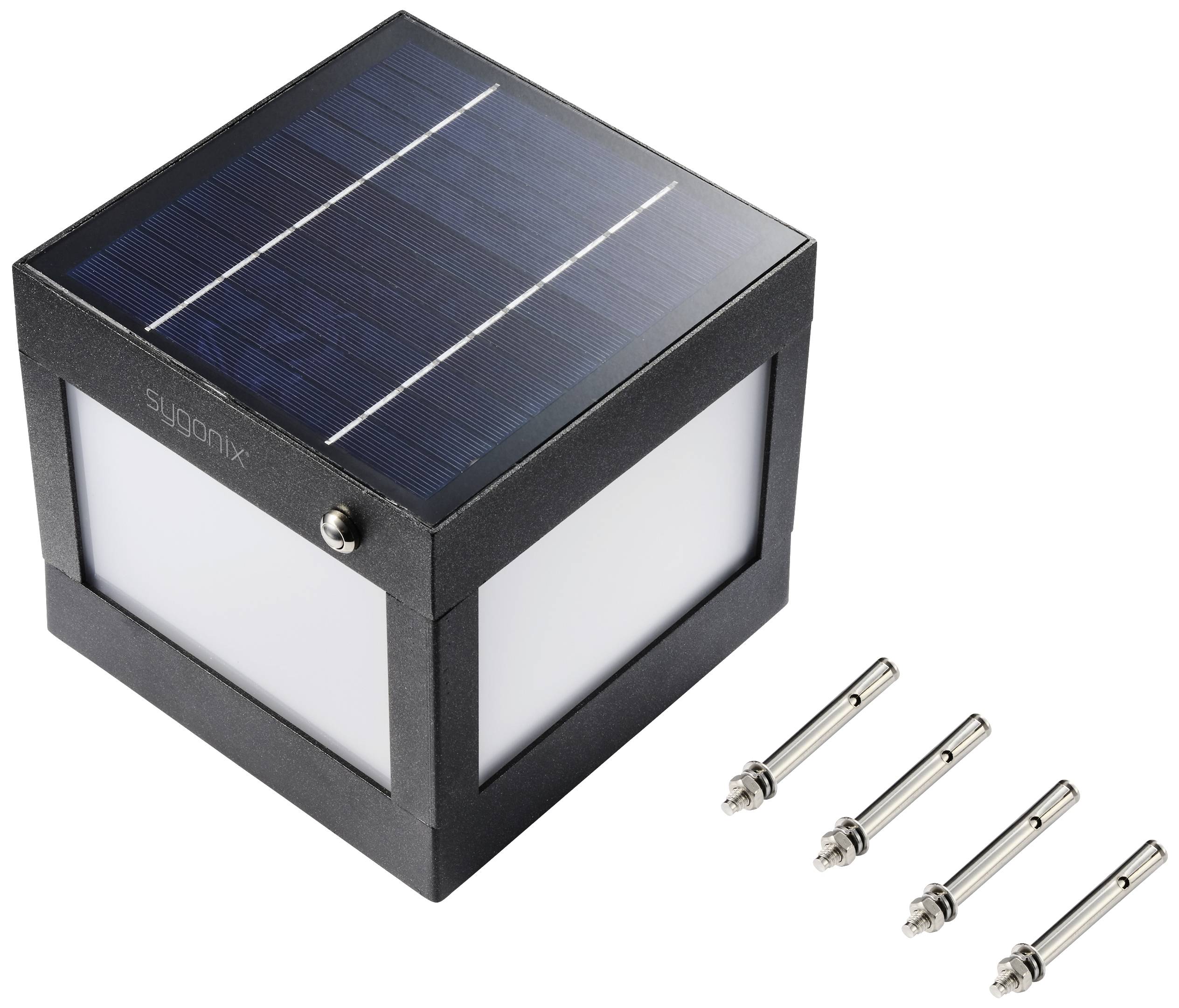 Zwarte solarlamp in kubevorm met geïntegreerd zonnepaneel aan de bovenkant, vergezeld van drie zilveren bevestigingsonderdelen.