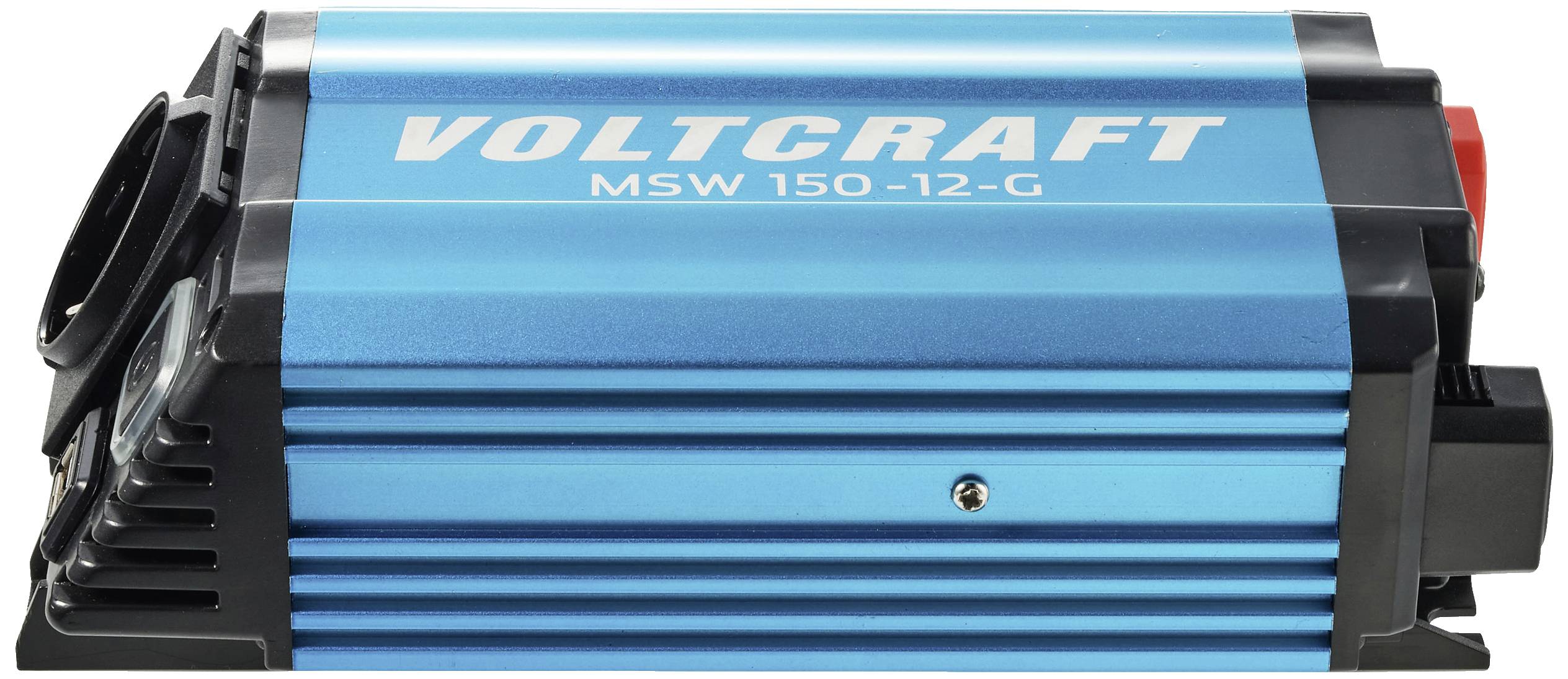 Spanningsomvormer in het blauw met de opdruk 'VOLTCRAFT MSW 150 -12-G', bestemd voor de omzetting van gelijkstroom naar wisselstroom.