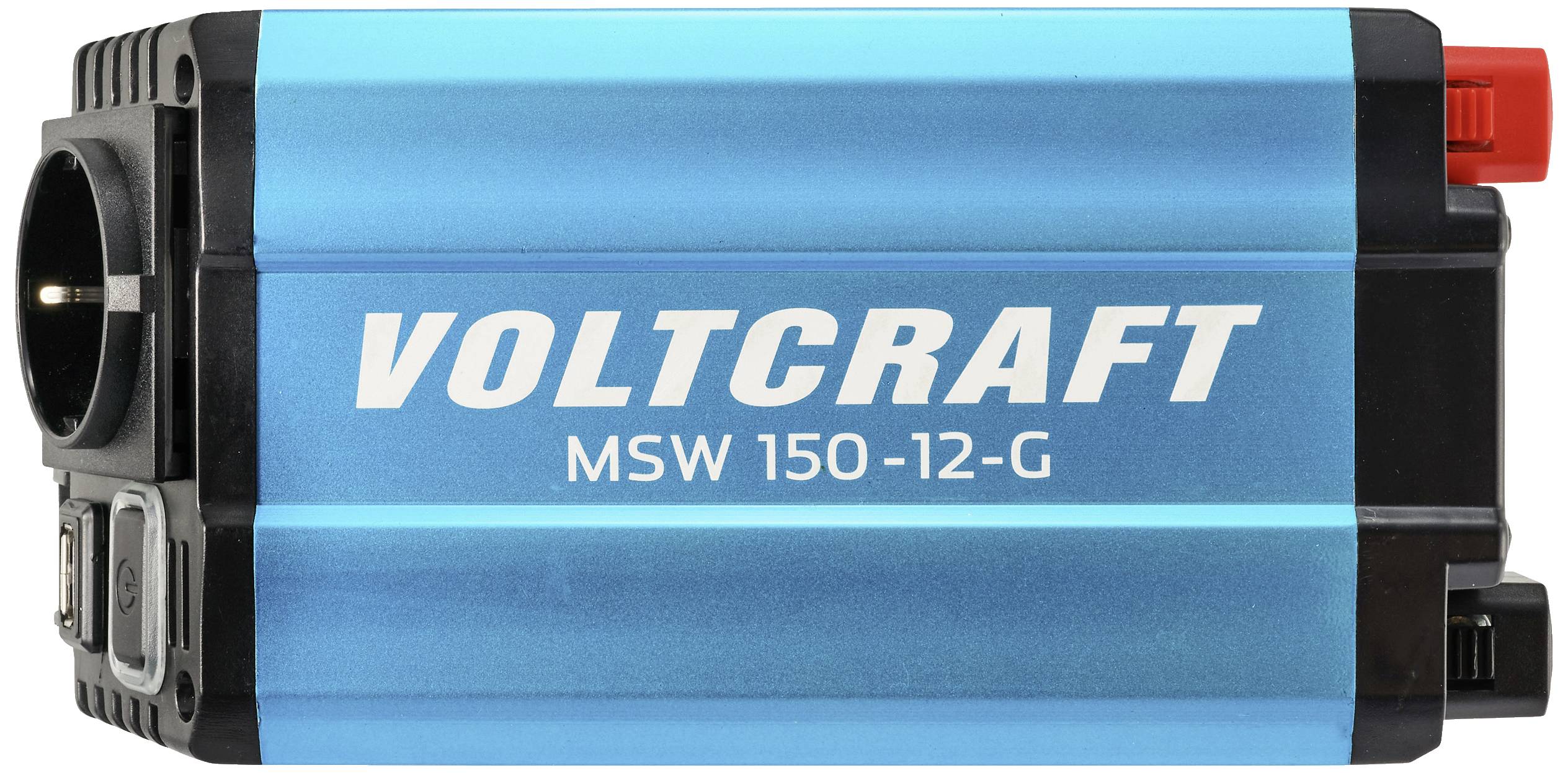 Blauwe elektronica-box voor vermogenselektronica met opschrift 'VOLTCARFT MSW 150-12-G', met zijdelingse ingangs- en uitgangsklemmen zichtbaar.
