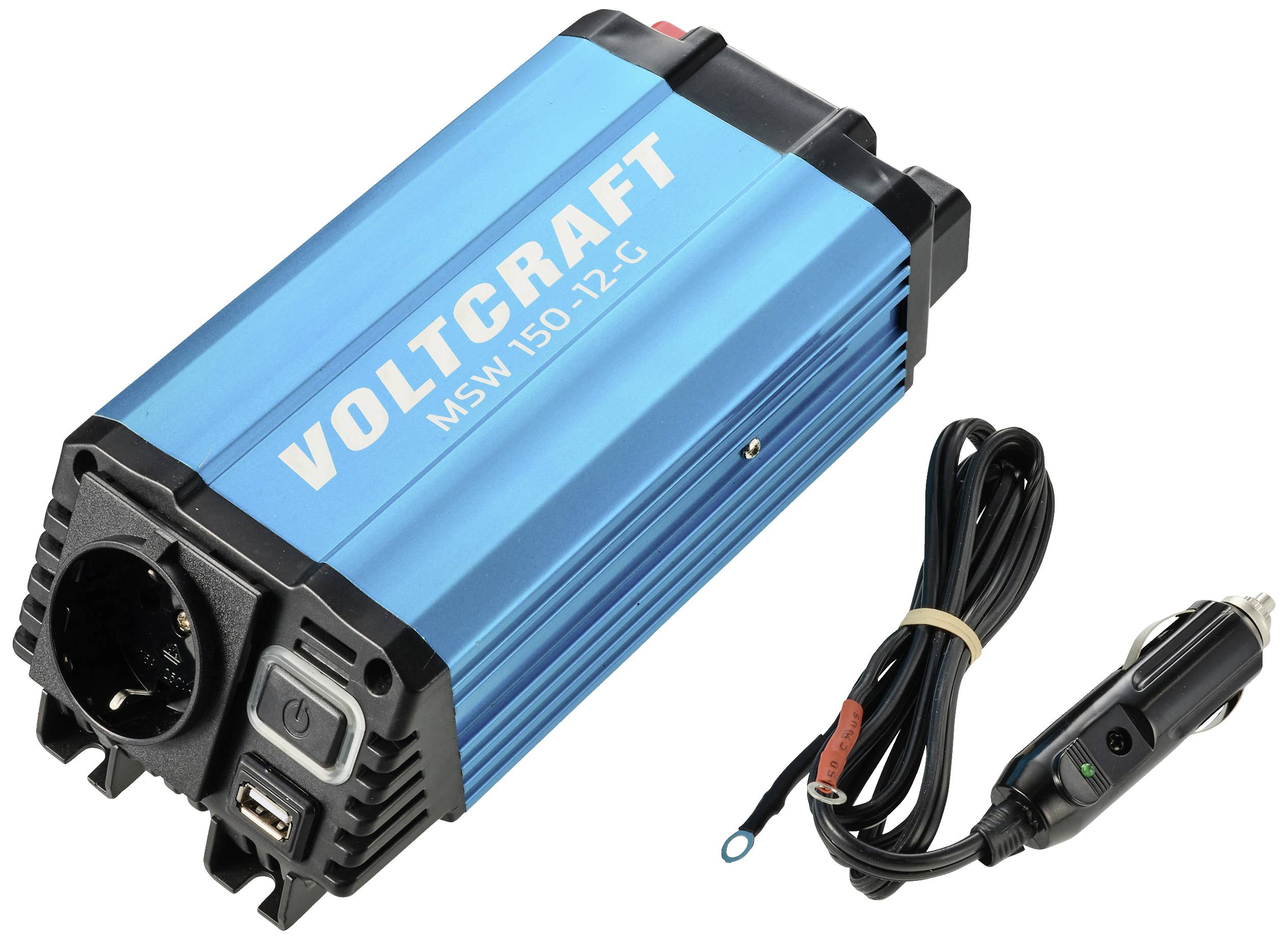 Draagbare spanningsomvormer in het blauw met USB-aansluitingen en auto-adapterkabel. Merknaam 'Voltcraft MSW 150-12-G' gedrukt.