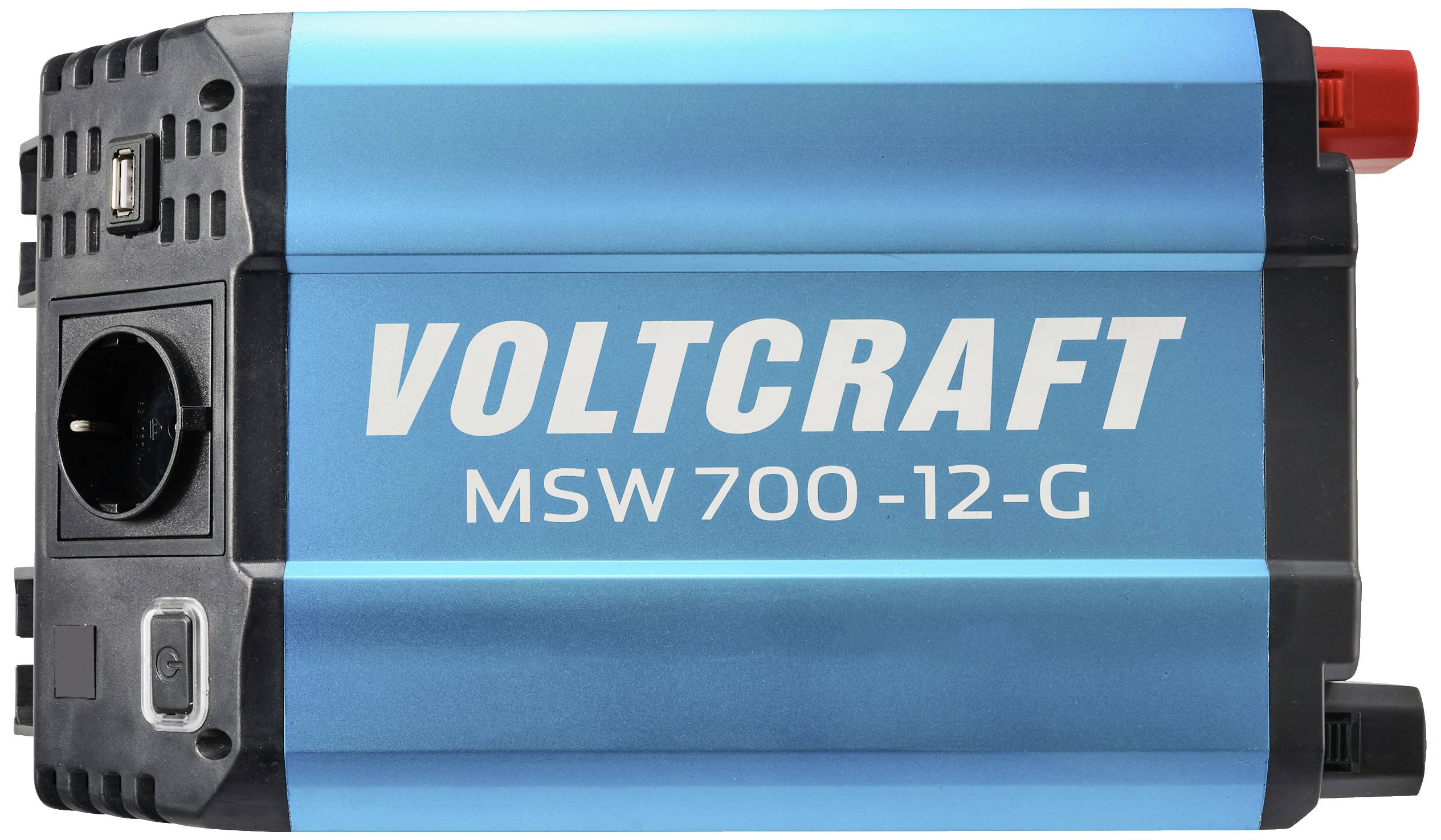 Een blauwe spanningsomvormer van Voltcraft, model MSW 700-12-G, met stopcontact en USB-aansluiting, biedt 700 watt vermogen.
