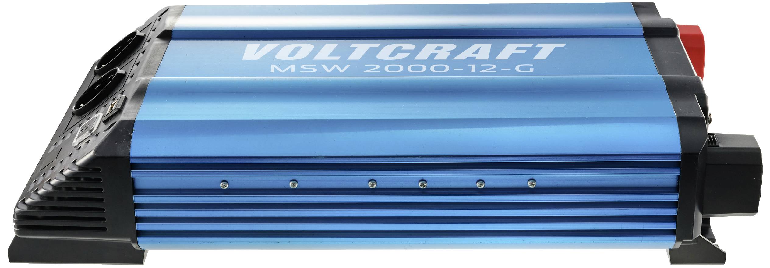 Blauwe spanningsomvormer met het opschrift 'Voltcraft MSW 2000-12-G'. Apparaat voor het omzetten van gelijkstroom naar wisselstroom.