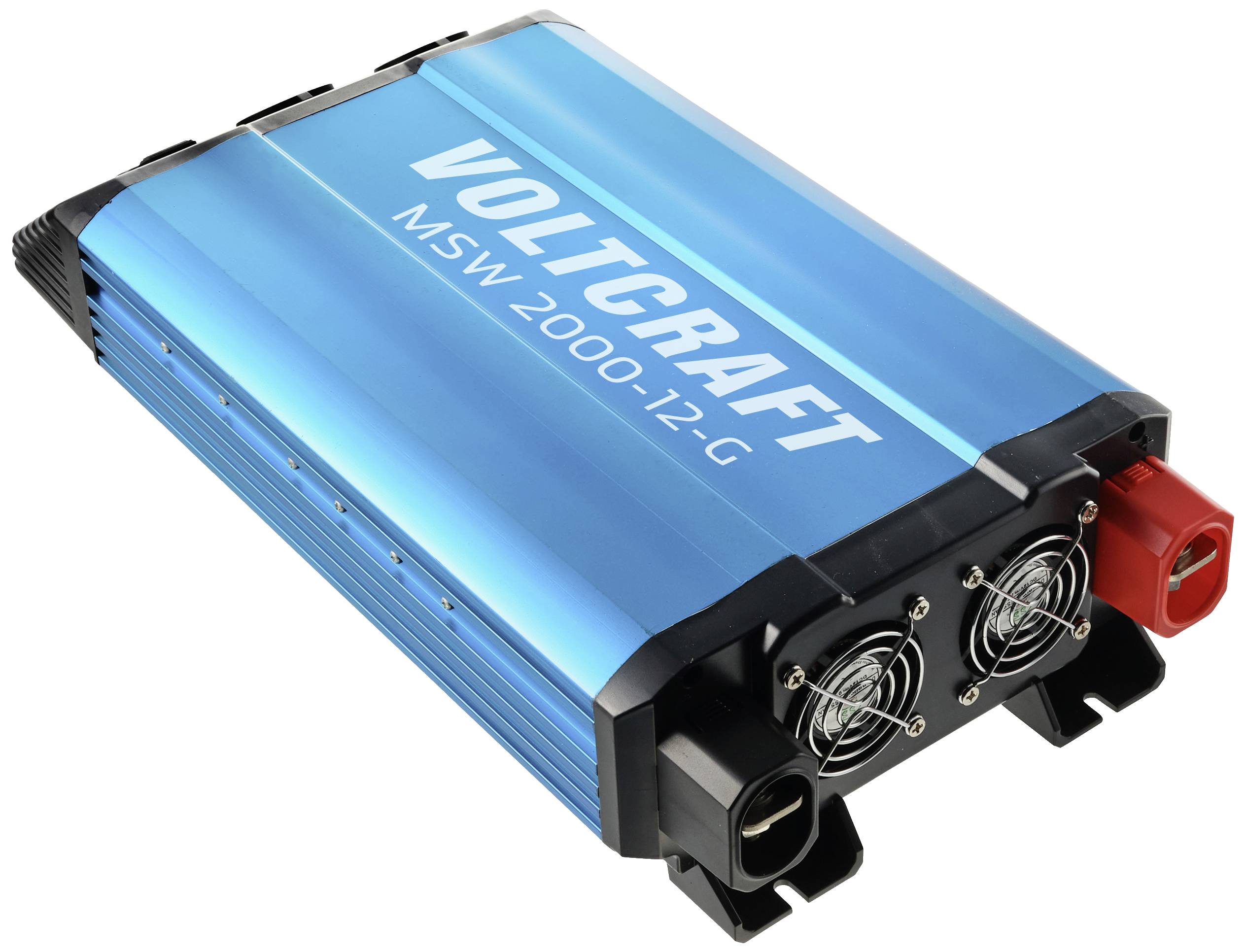 Een blauwe spanningsomvormer 'VOLTCRAFT MSW 2000-12-G' met ventilator en aansluitingen, voor het omzetten van gelijkstroom naar wisselstroom.