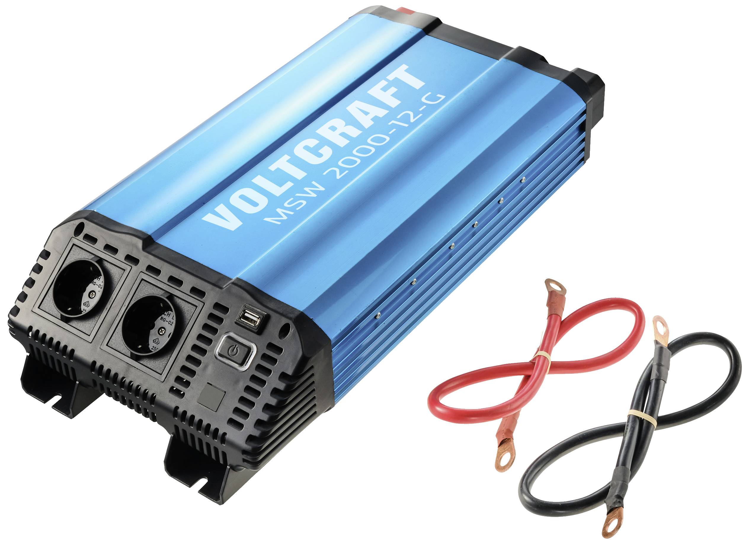 Omvormer VOLTCRAFT MSW 2000-12-G in blauw-zwart met twee stopcontactaansluitingen; rode en zwarte kabels die ernaast liggen.