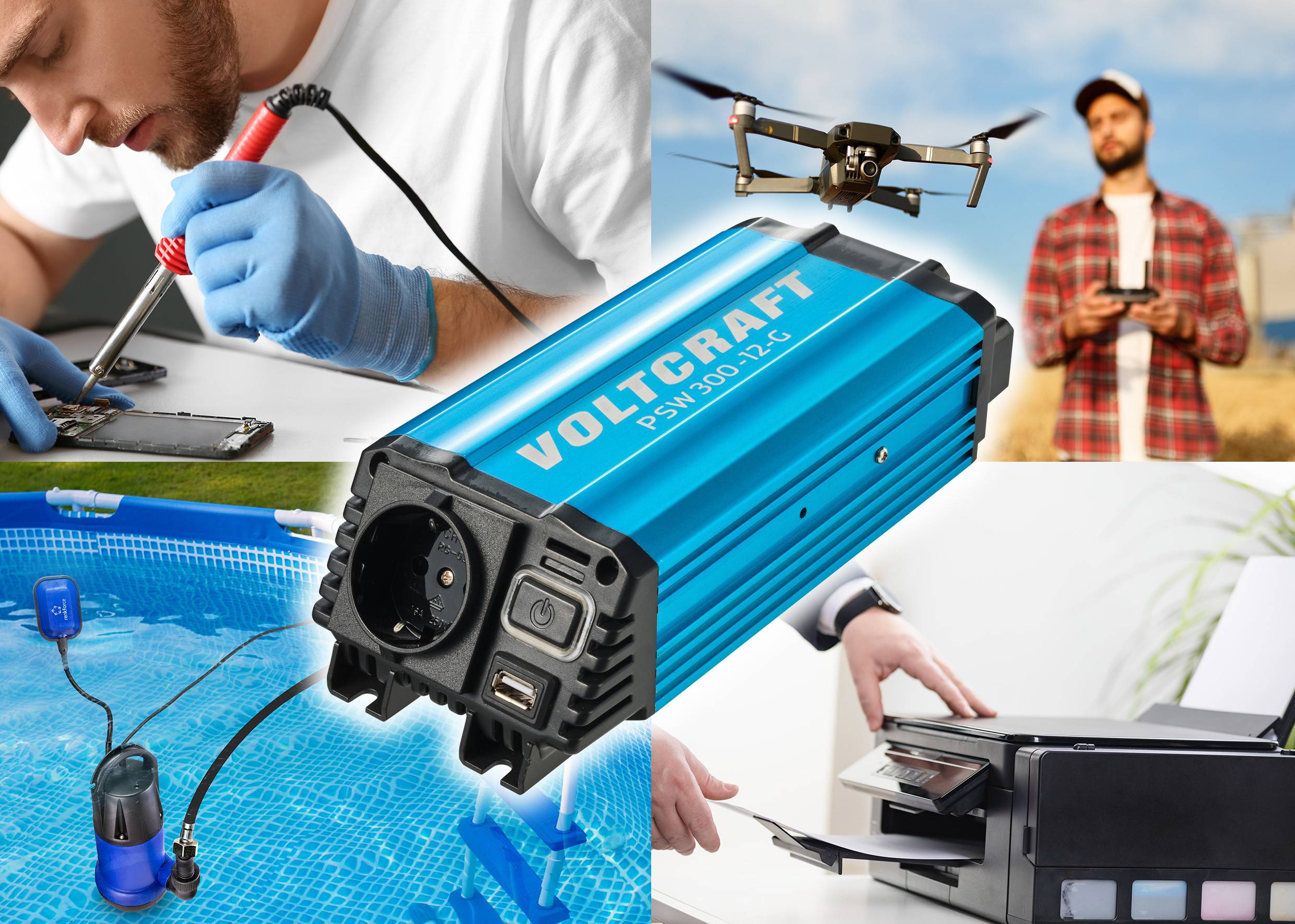 'VOLTCRAFT PSM-300-12C' in het midden, omringd door toepassingen: Man soldeert, drone vliegt, zwembadpomp en printer.
