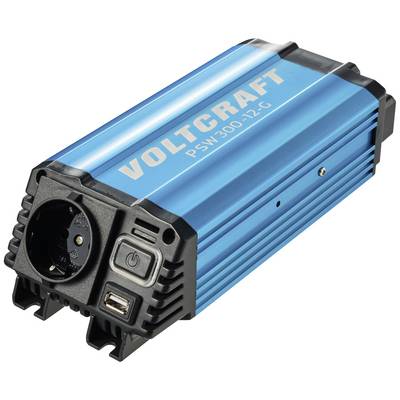 Spanningsomvormer Voltcraft PSW300-12-C in een blaue behuizing met Schuko-stopcontact, schakelaar en USB-aansluiting aan de voorkant.