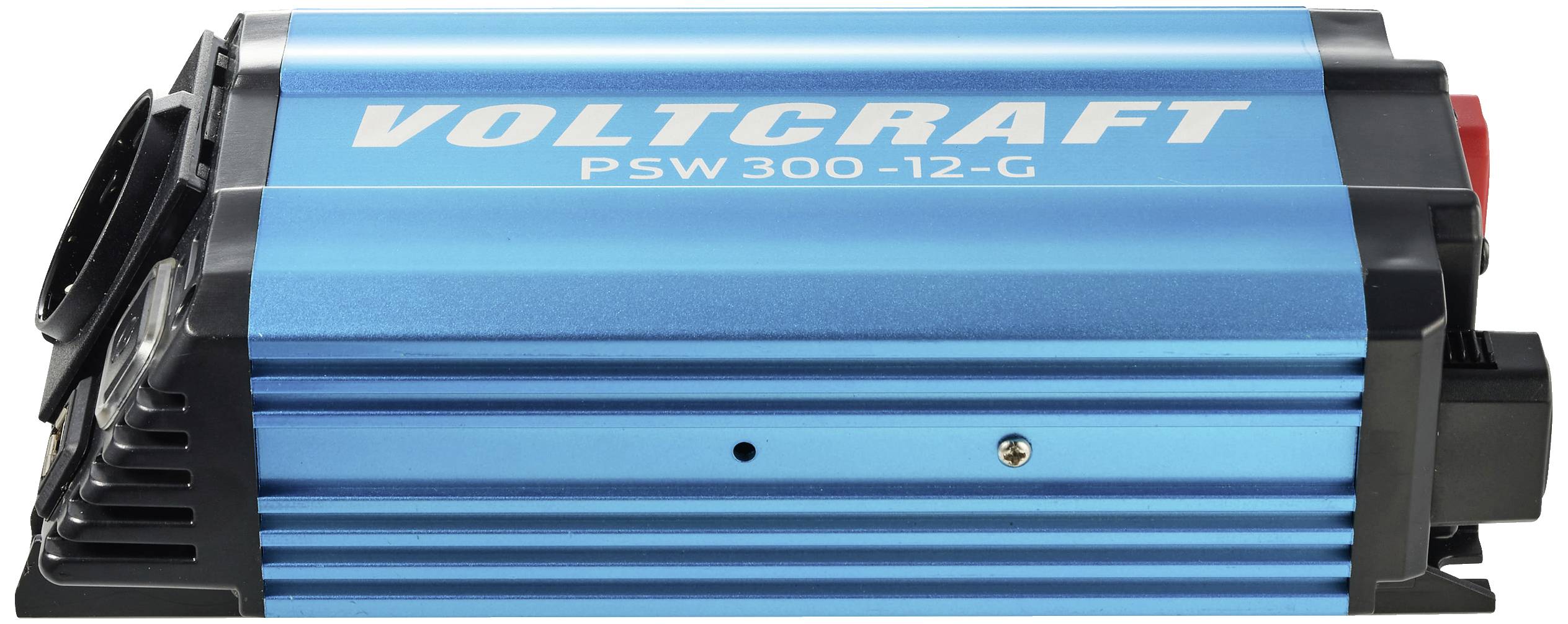 Een blauwe spanningsomvormer van het merk Voltcraft met het modeltype PSW300-12-G. Geschikt voor de omzetting van gelijkstroom naar wisselstroom.