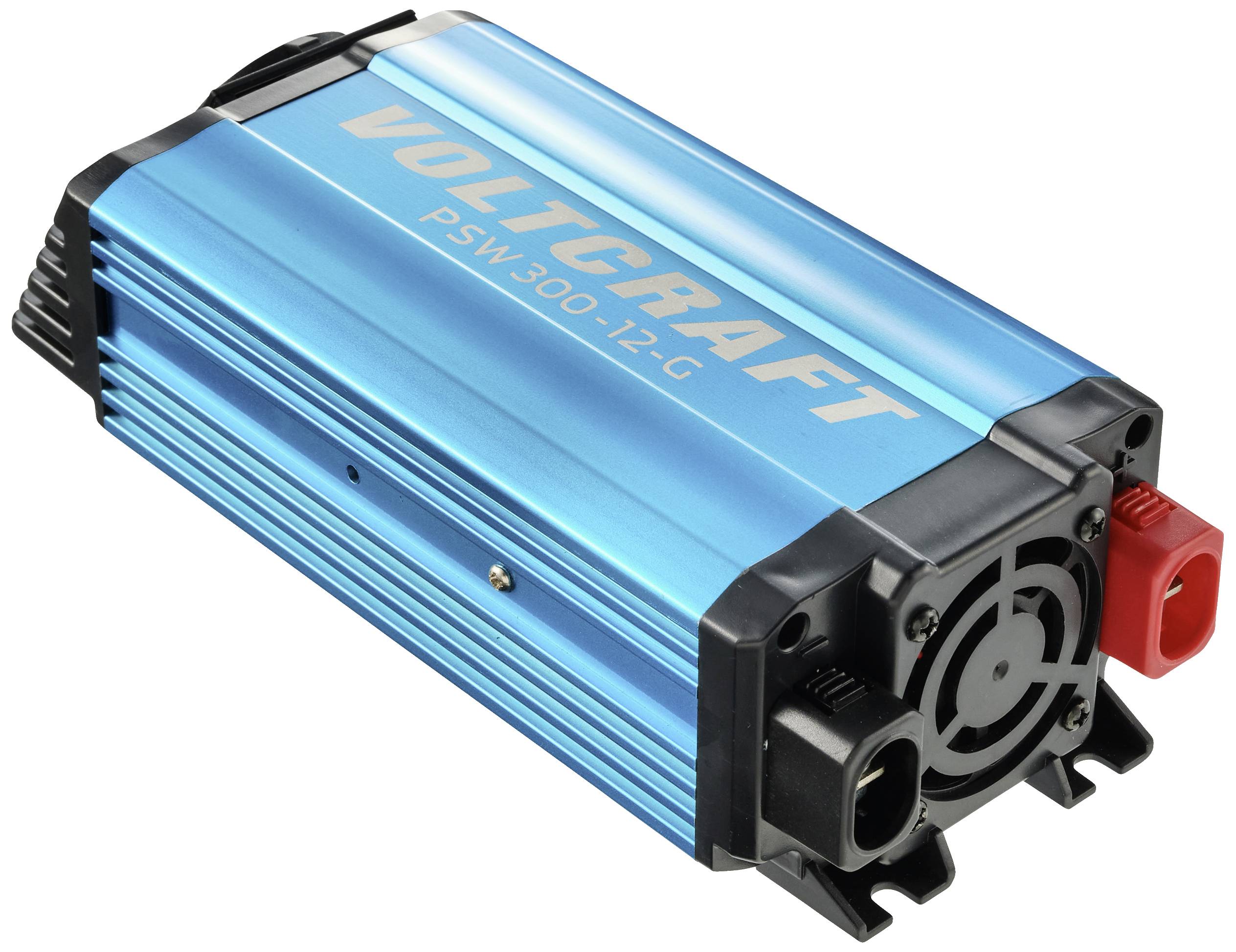 Een blauwe spanningsomvormer van het merk Voltcraft, model PSW 900-12-G, met zwarte en rode aansluitingen, gebruikt voor het omzetten van gelijkstroom naar wisselstroom.