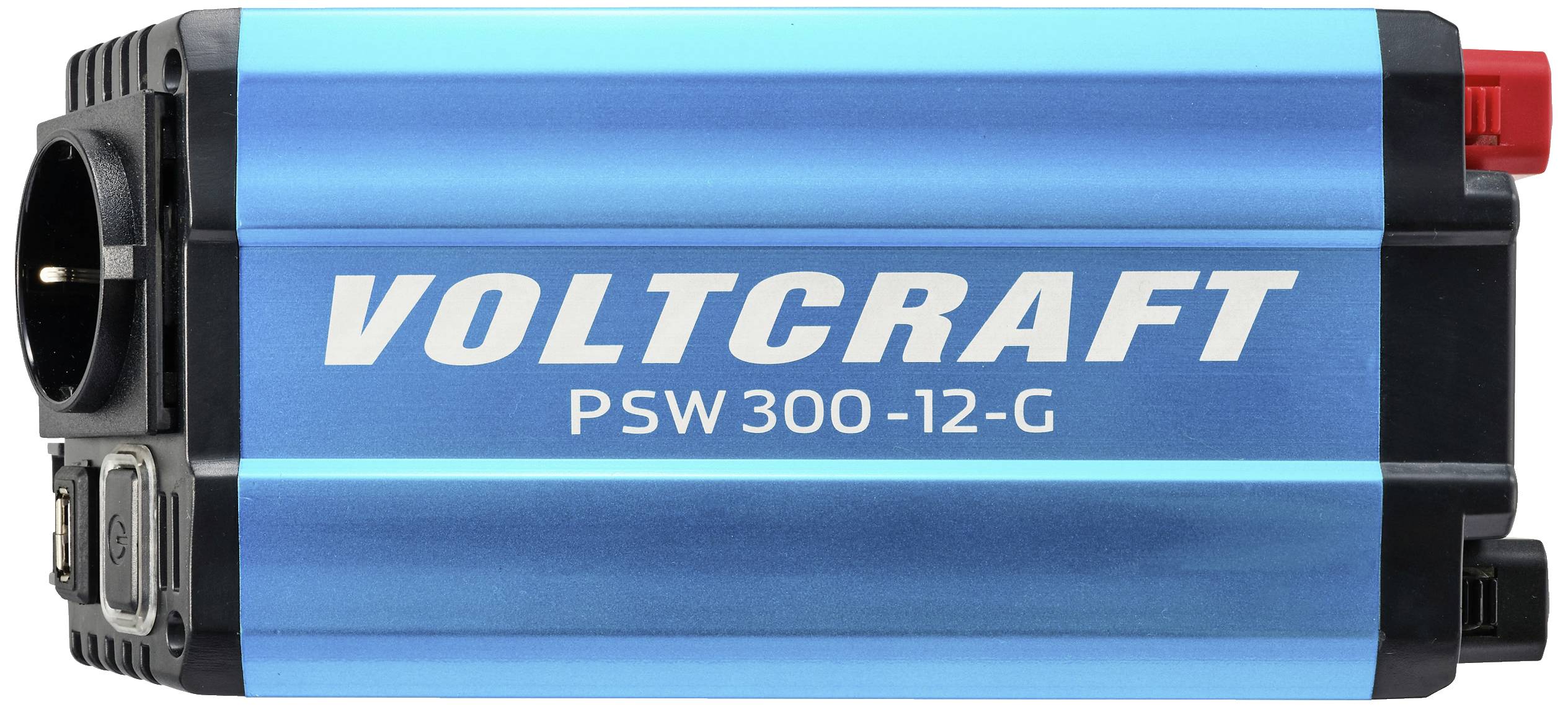 Blauwe Voltcraft spanningsomvormer PSW 300-12-G met stopcontact en USB-aansluiting, geschikt voor 12V naar 230V omvortertoepassingen.
